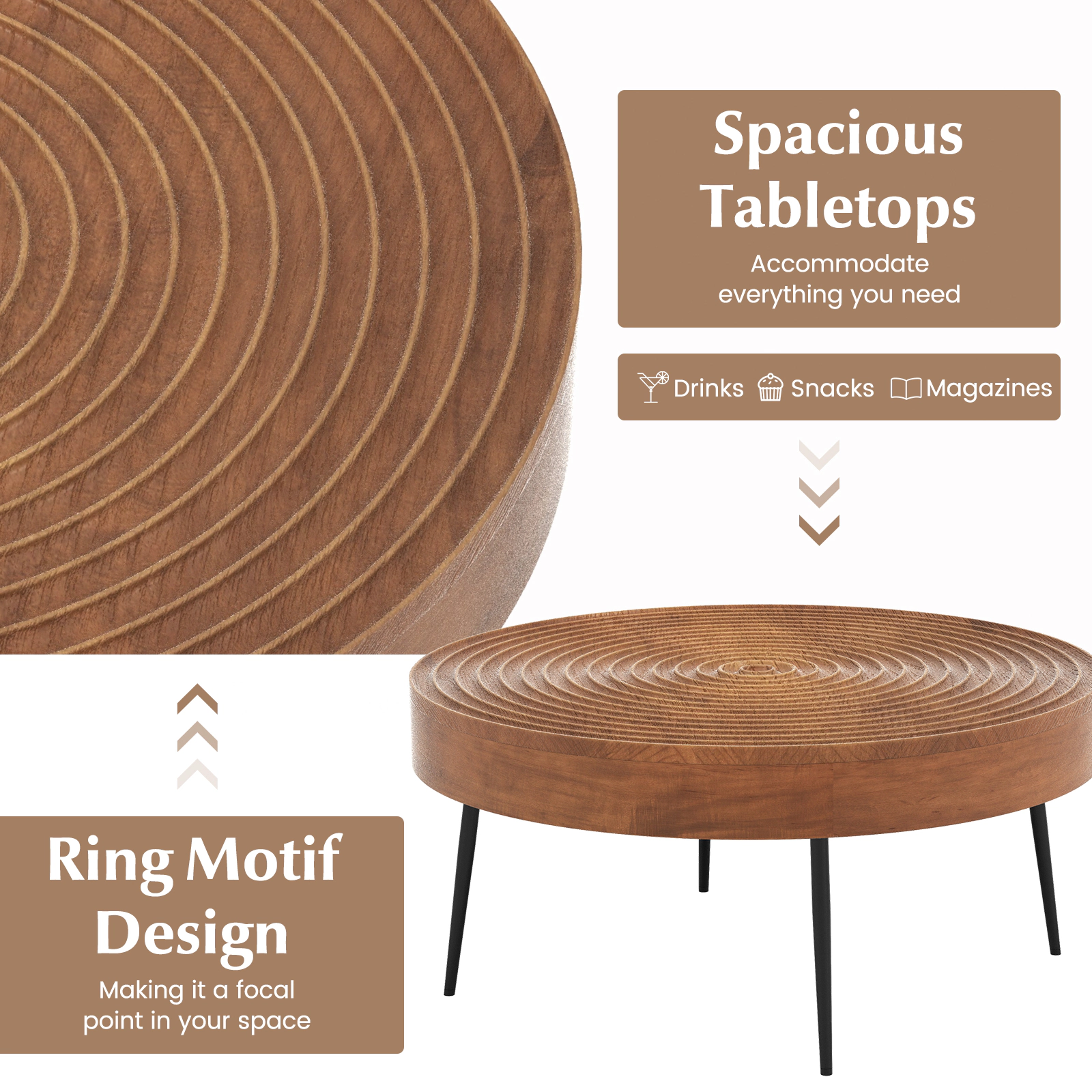 Hivvago Set of 2 Solid Wood Ring Pattern Farmhouse Round Coffee Tables
