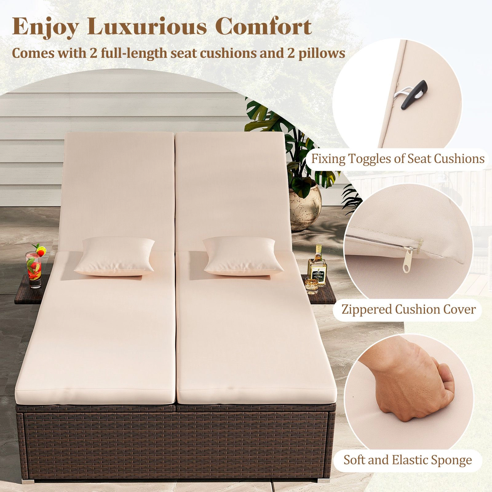 SlickBlue Double Chaise Lounge with Cushions & Side Tables