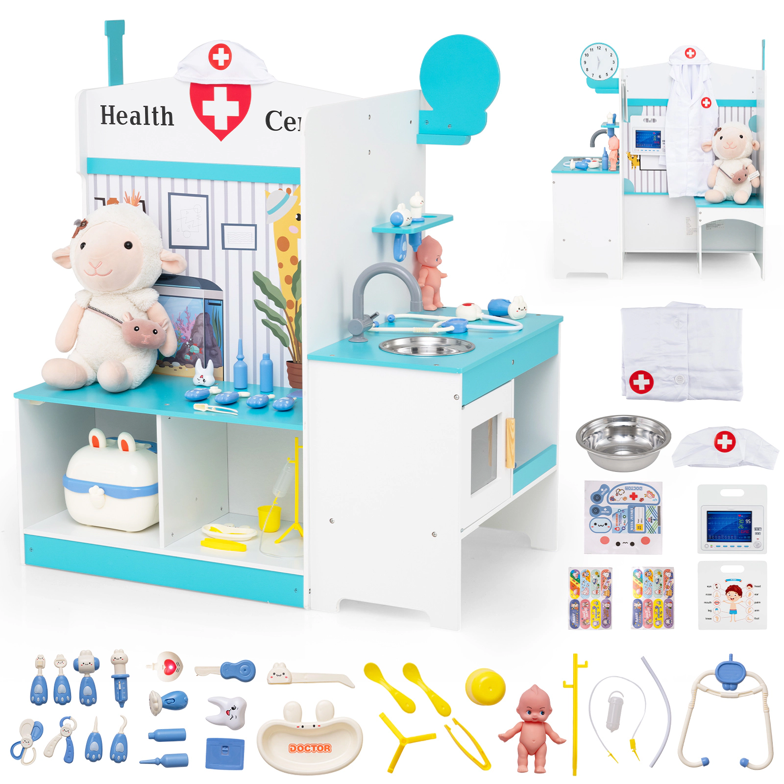 SUGIFT Blue Height Measuring Bar ECG Monitor and 27 Accessories Kids Doctor Play Set