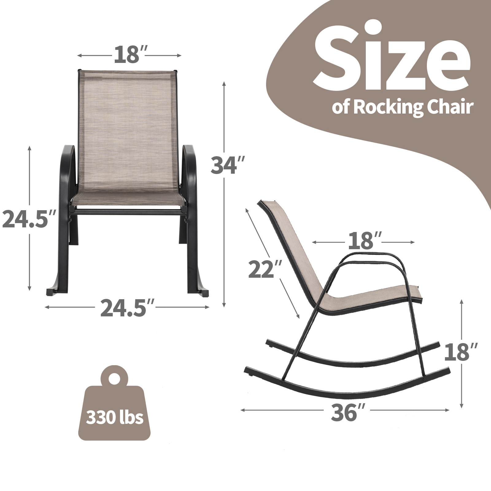 LJG Set of 2 Metal Patio Rocking Chair with Breathable Seat Fabric