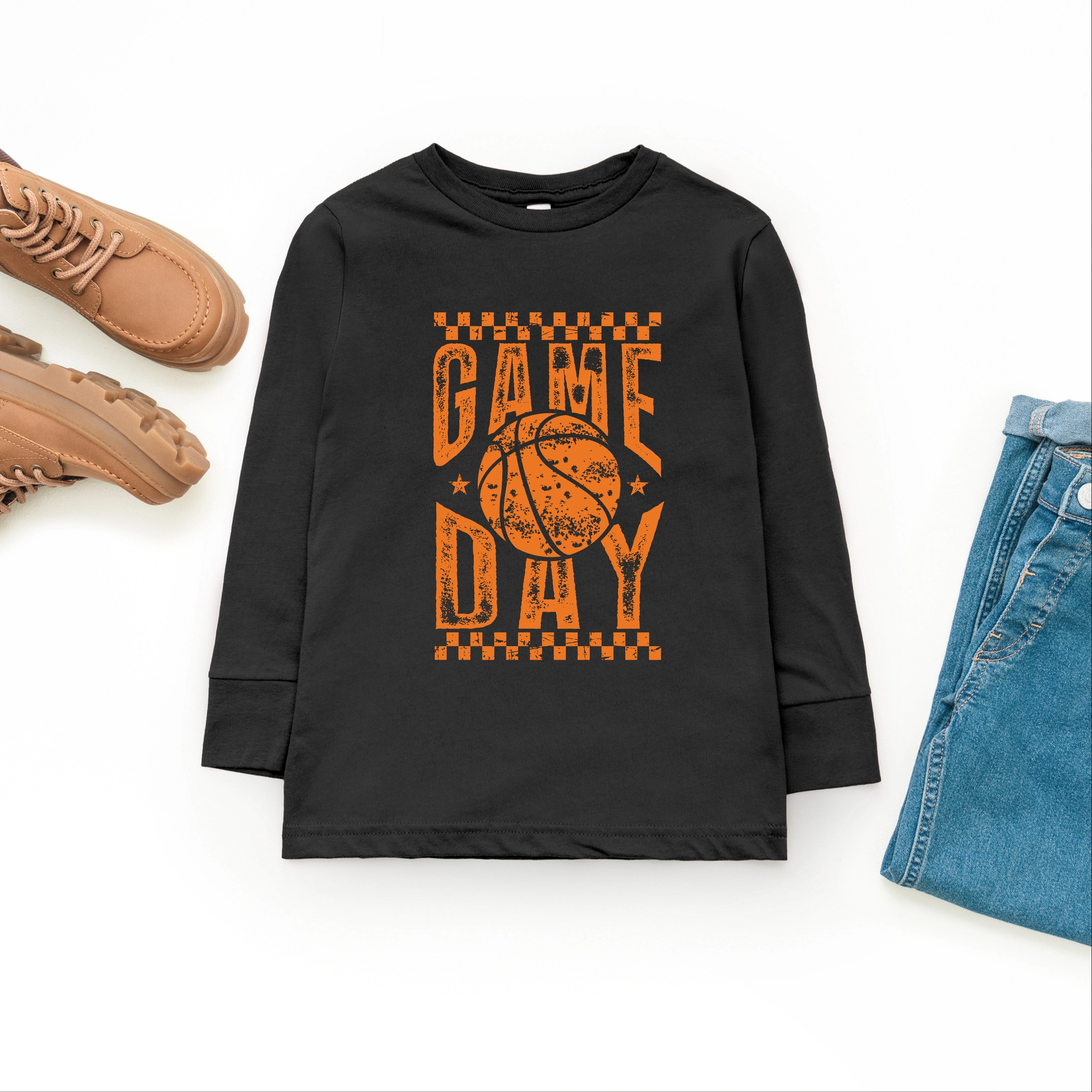 The Juniper Shop - Basketball Game Day Checkered Distressed Youth Long Sleeve Graphic T-Shirt