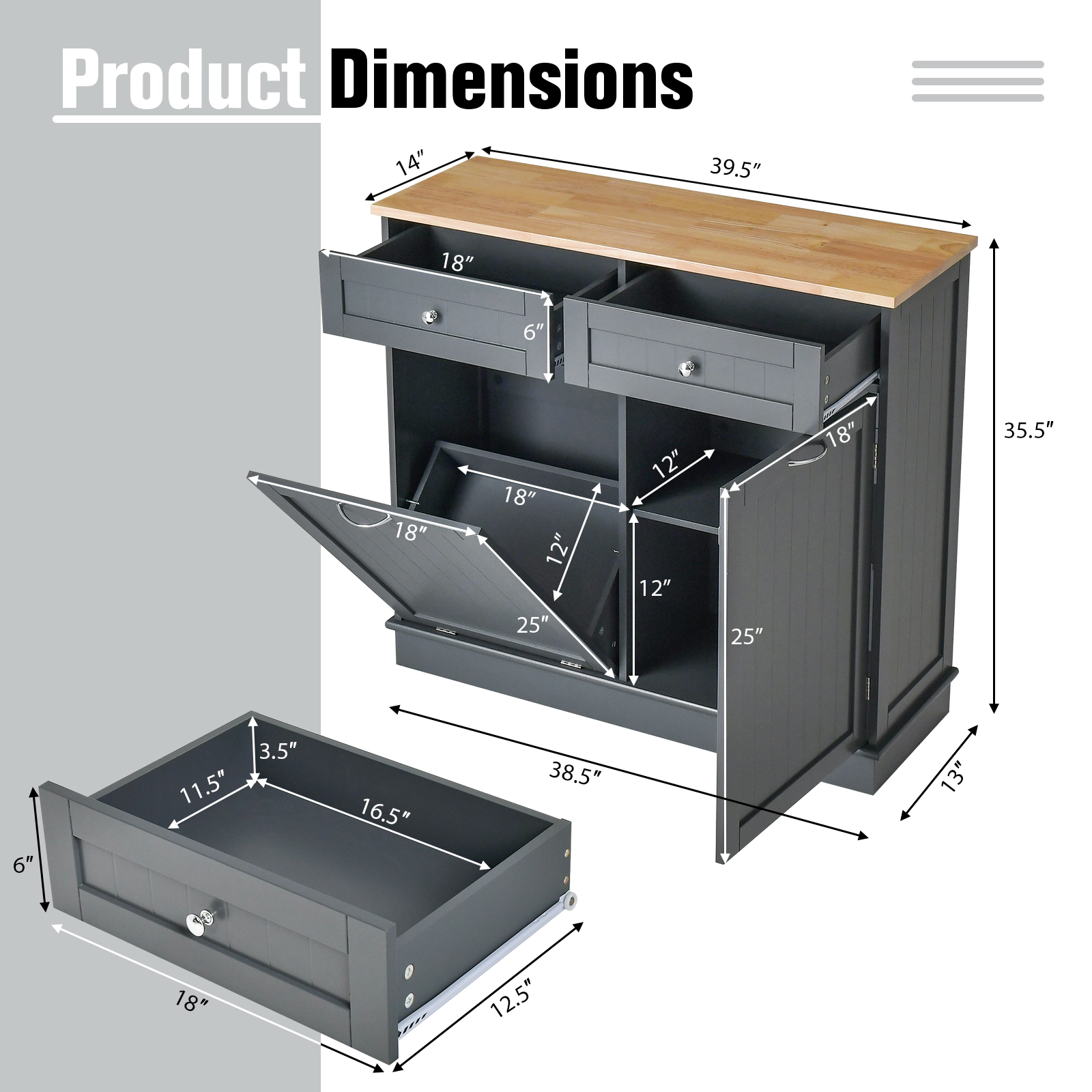 SUGIFT Til-Out Trash Bin Cabinet Sideboard with Single Trash Can Holder and Adjustable Shelf 220-lb Top Capacity Gray