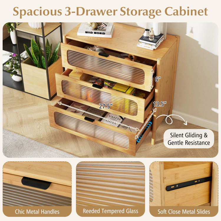 Hivvago Retro-Inspired 3-Drawer Dresser with Grooved Tempered Glass Front