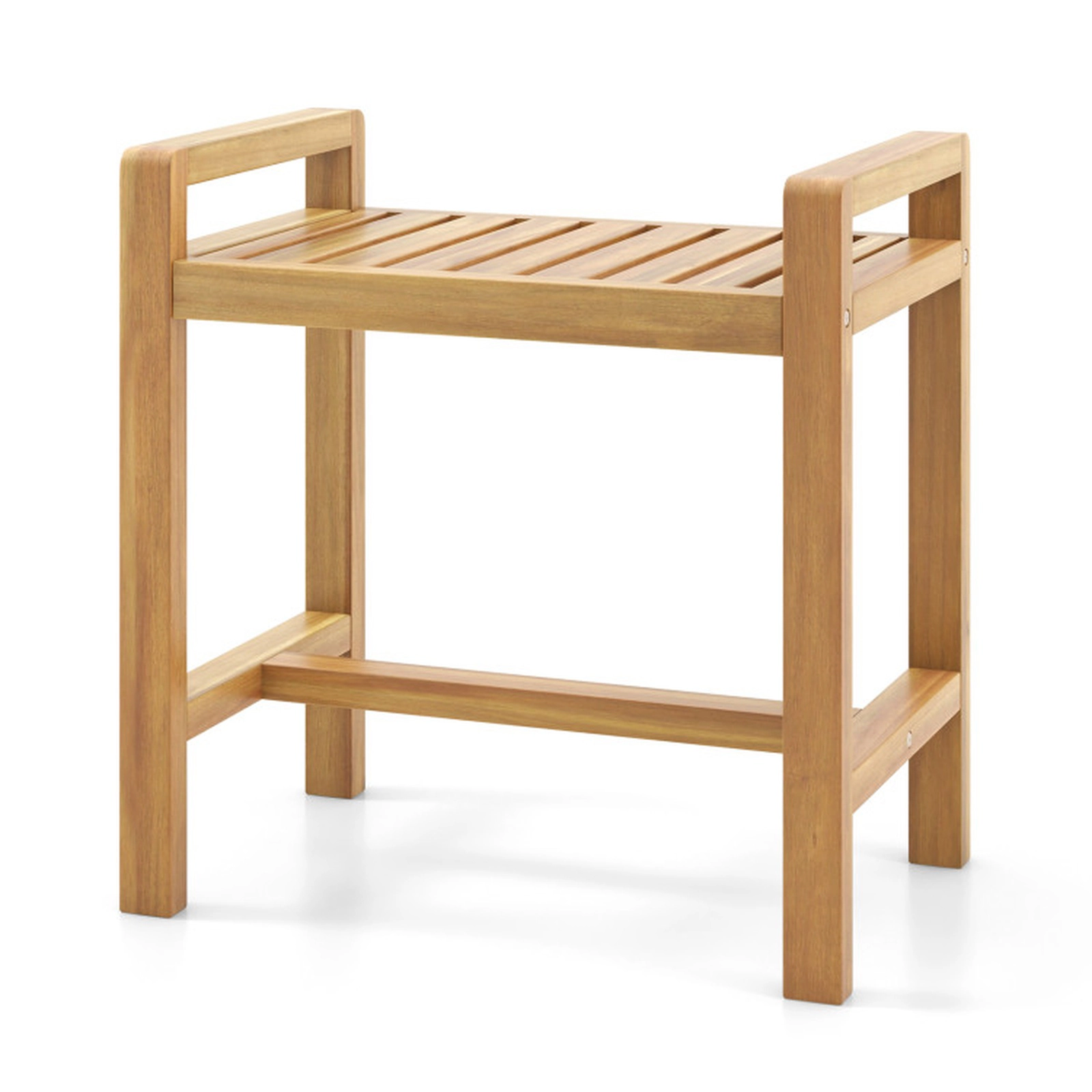 SUGIFT Teak Wood Shower Bench Stool, Slatted Seat, Dual Handles, 242-Lb Capacity