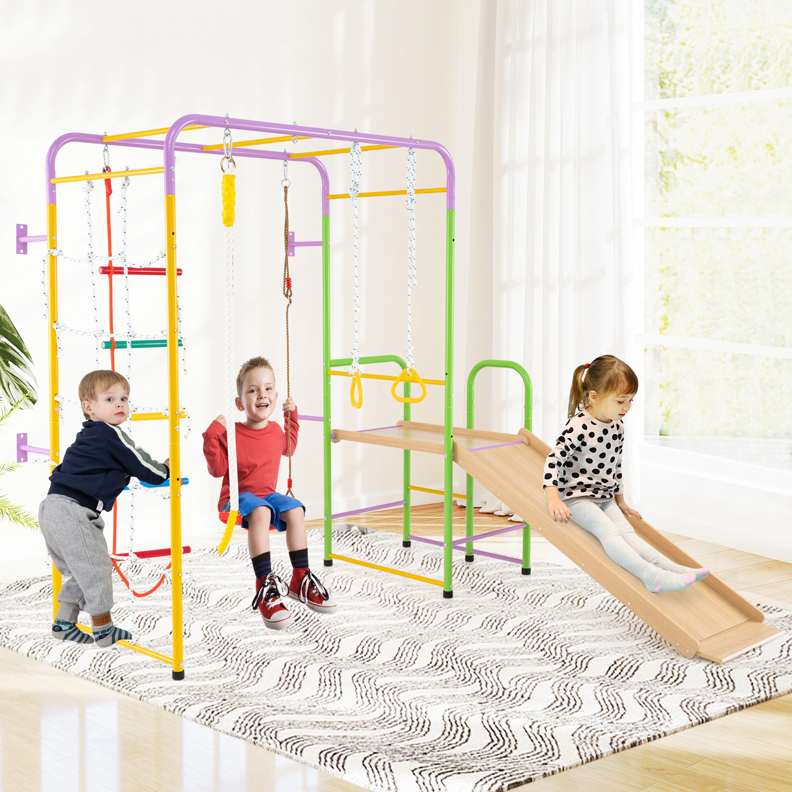 LJG Kids Metal Indoor Jungle Gym 8-in-1 Climbing Playset with Monkey Bars