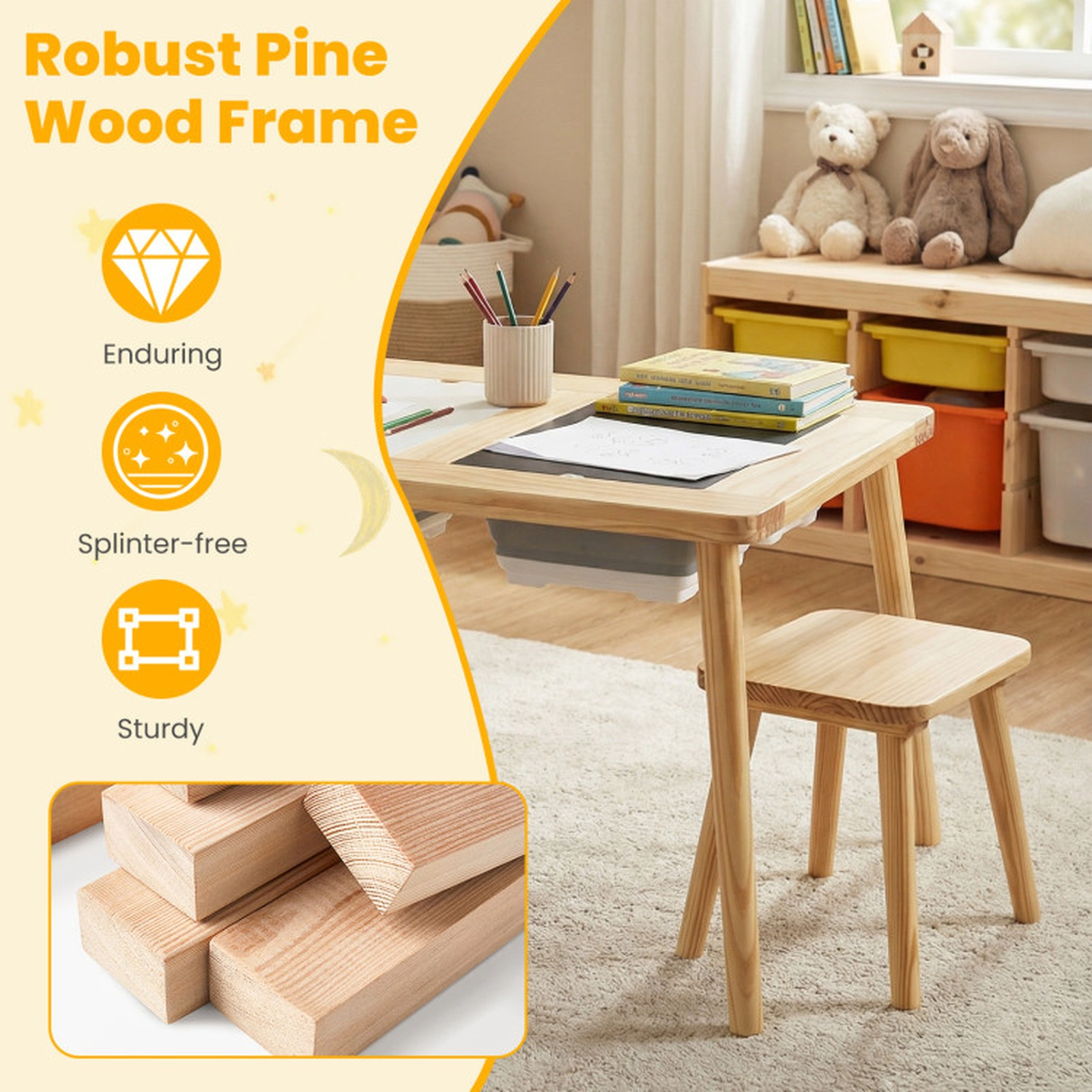 SUGIFT Wooden Kids Activity Table and Stool Set with Chalkboard, Whiteboard and 2 Foldable Storage Bins 200-lb Tabletop