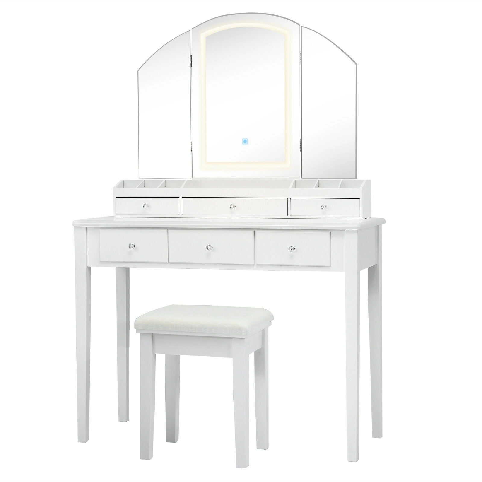 SUGIFT White Large Tri-Folding Lighted Mirror and 6 Drawers Vanity Table and Stool Set