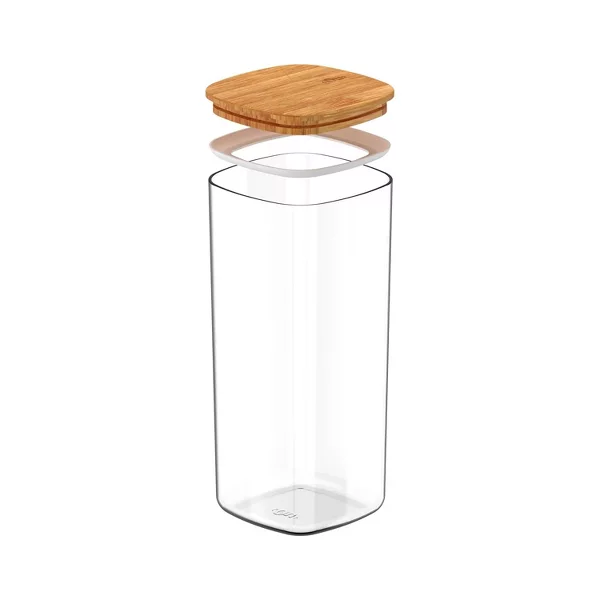 OU Airtight Food Storage Container 6.3cup, Clear Plastic w/ Leak Proof Bamboo Lid, Slim Kitchen Pantry Organizer