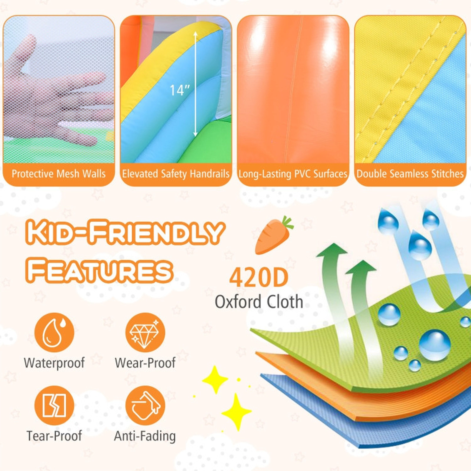 SUGIFT Climbing Wall Ball Pit Slide and 480W Blower for Ages 3-12 Kids Bounce House