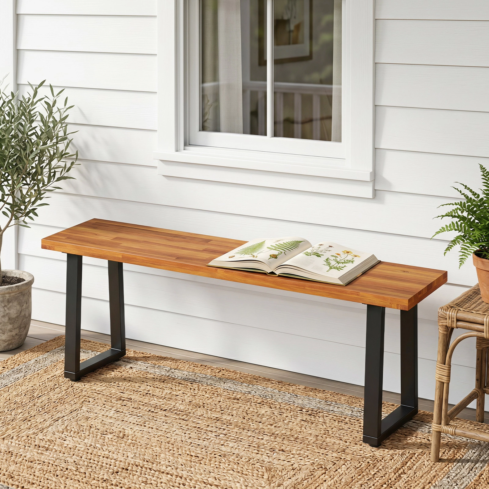 SUGIFT 47-In Backless Acacia Wood Outdoor Bench, 2-Person, Metal Legs, Natural