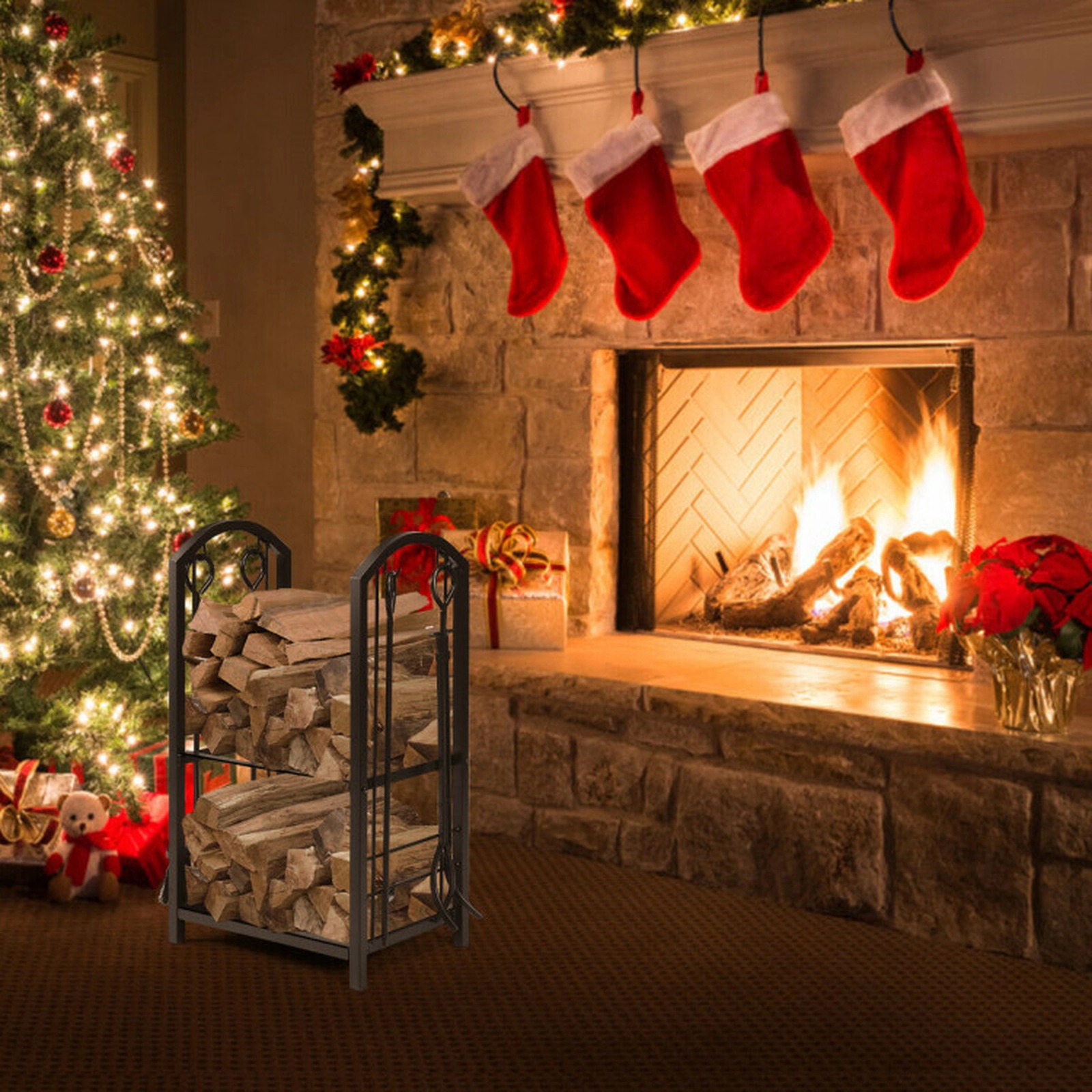 SUGIFT 2-Shelf Wrought Iron Firewood Rack with 4-Piece Fireplace Tool Set