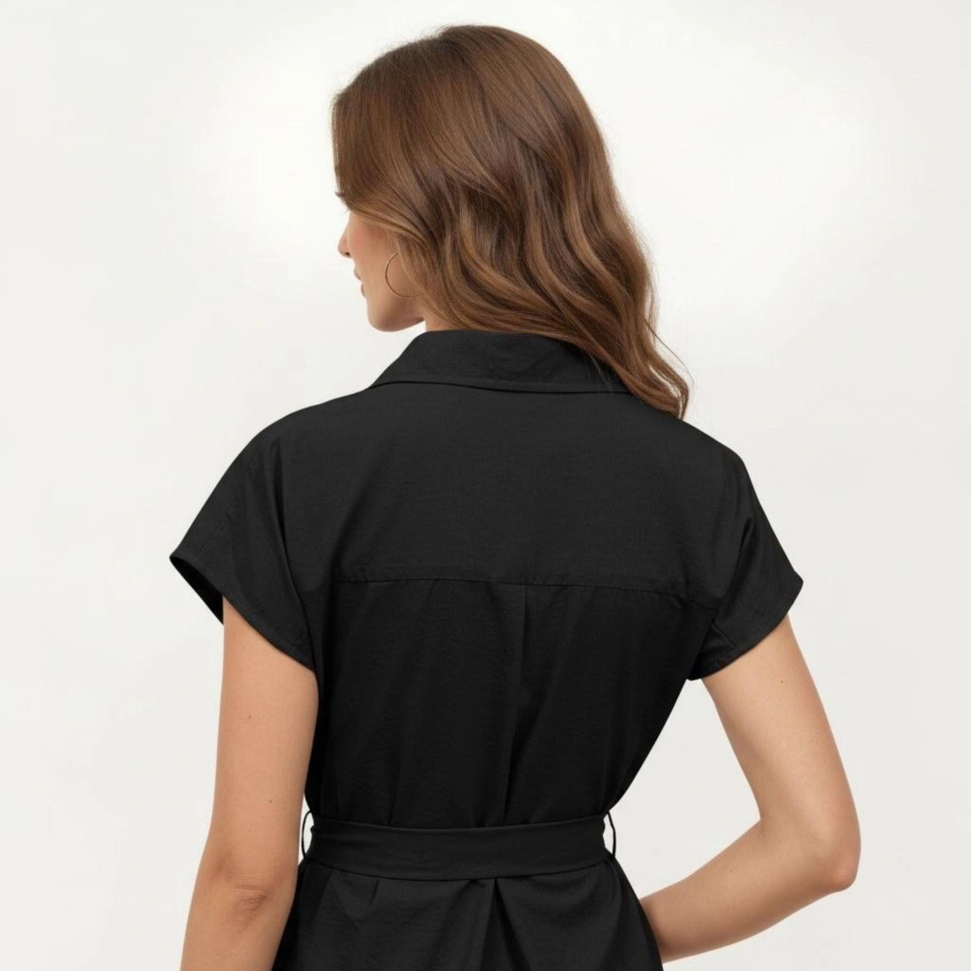 Anna-Kaci Women's Short Sleeve Button Front Collared Neck Adjustable Waist Tie Shirt Dress