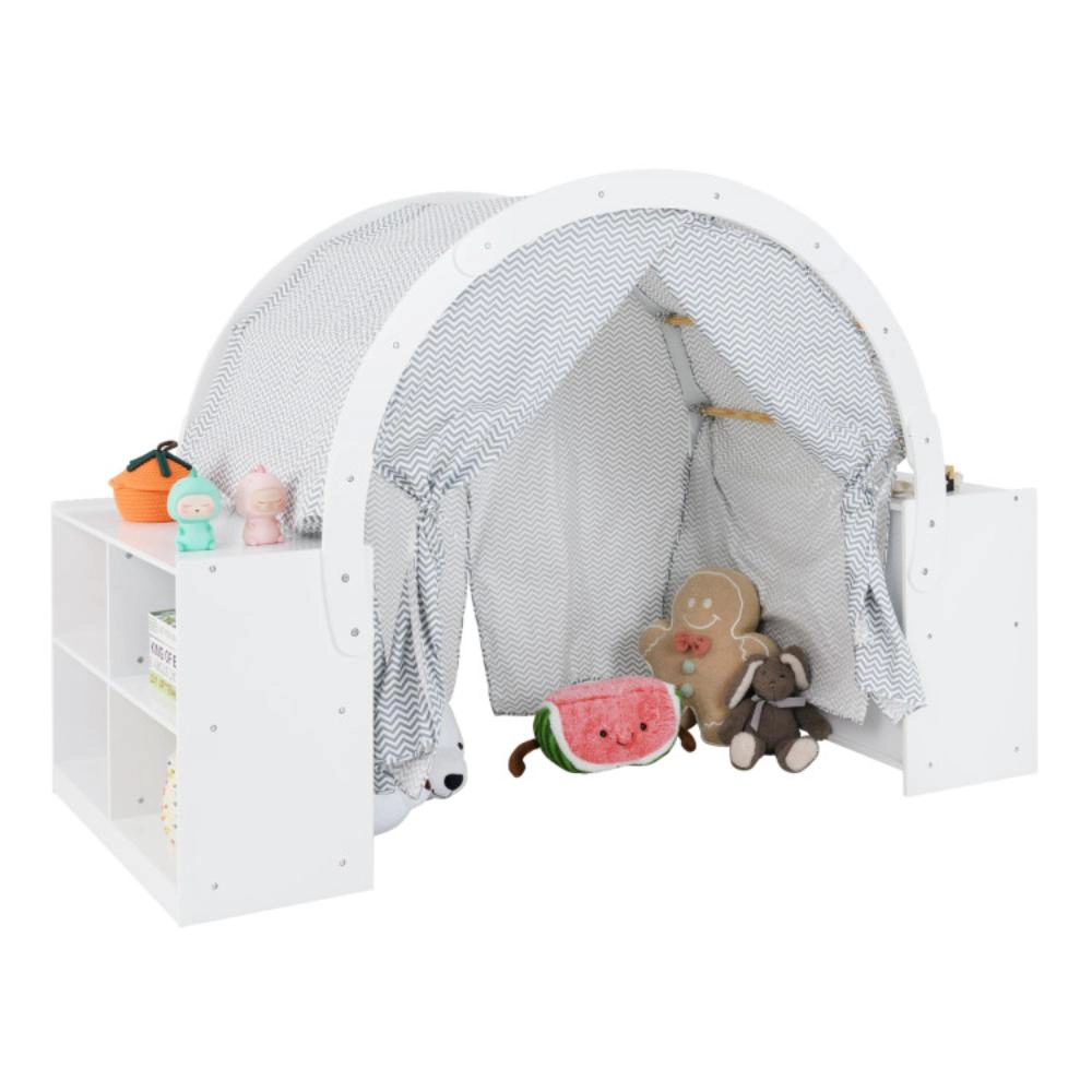 Hivvago Wooden Kids Play Tent with Curtain Shades and 8 Cubbies-White