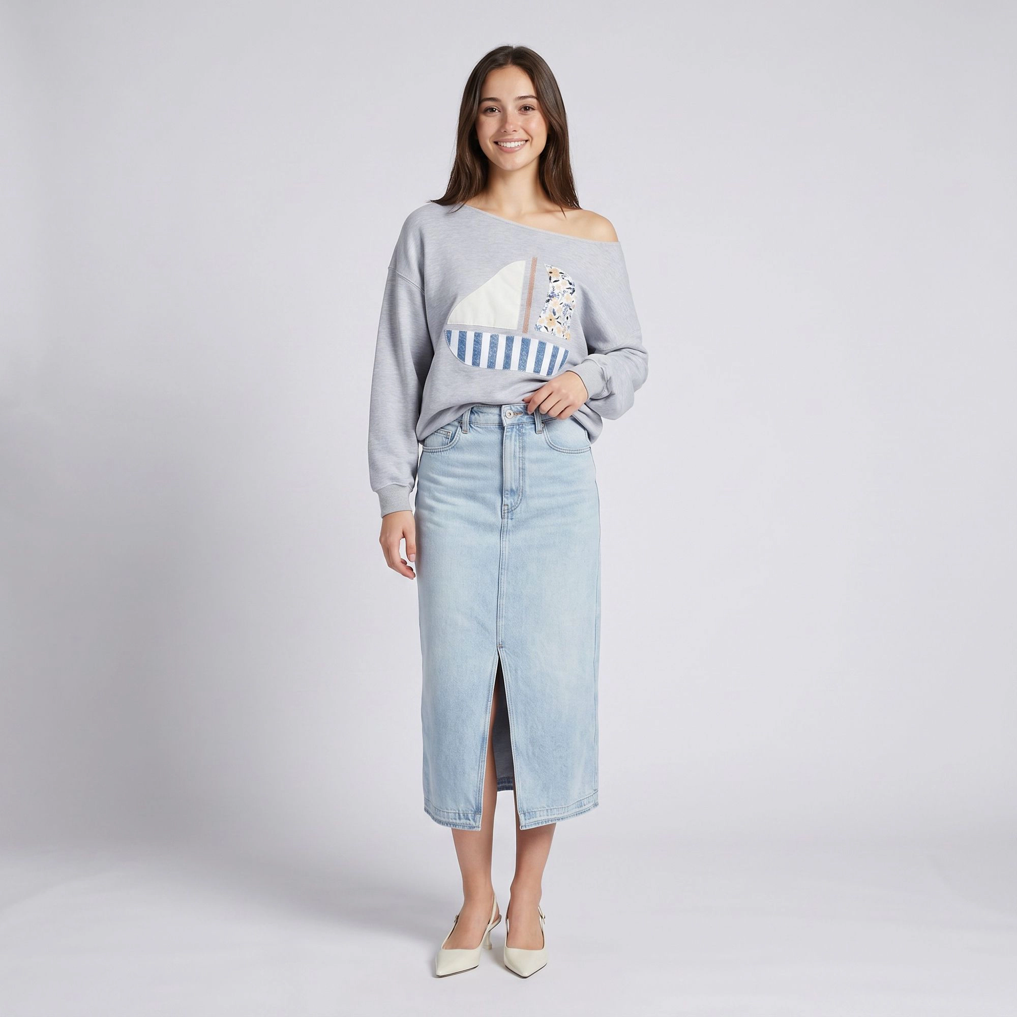 Anna-Kaci Women's Sailboat Applique Wide Neck Long Sleeve Relaxed Sweatshirt Top