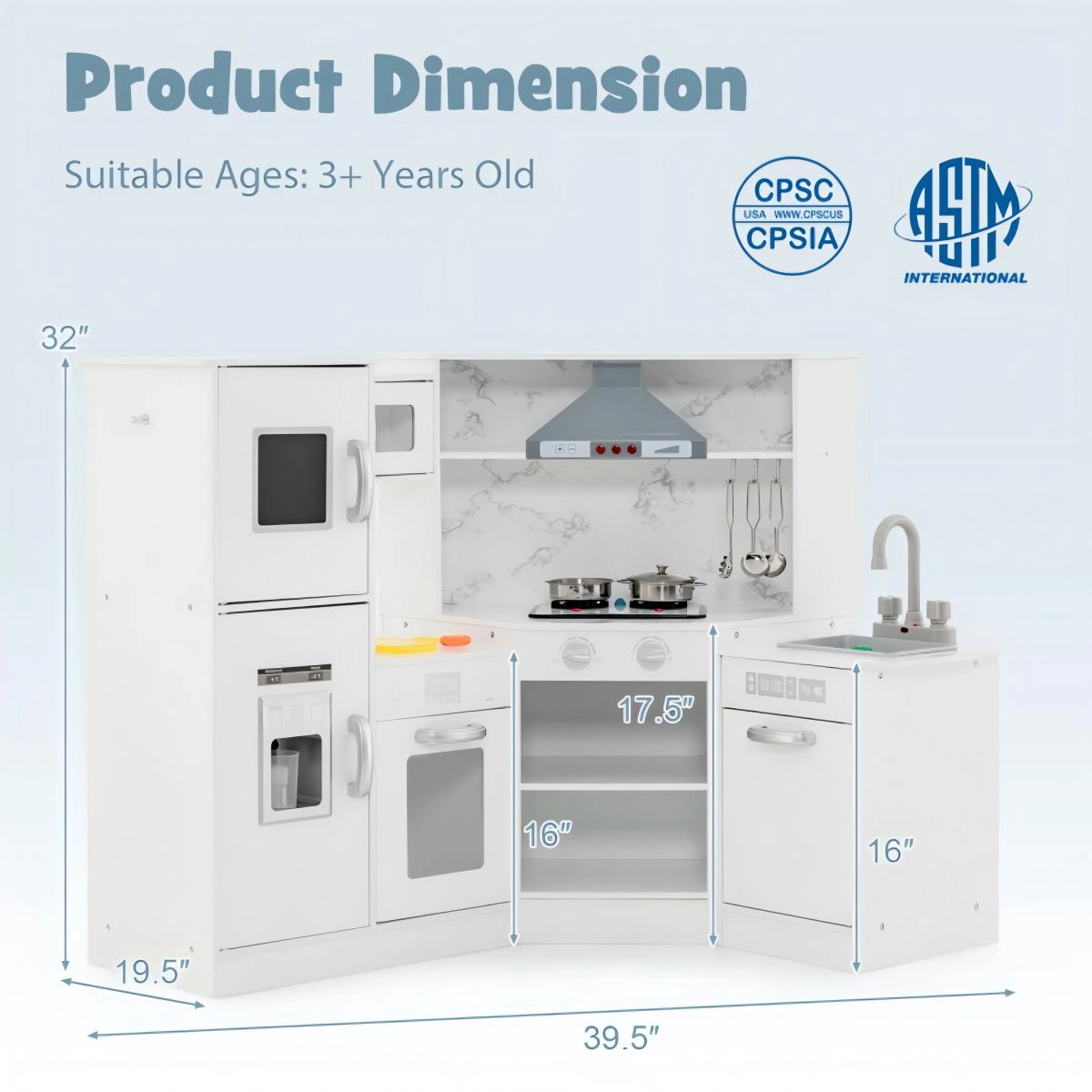 SUGIFT Corner Pretend Kitchen Playset with Separated Washing Basin and Accessories for Ages 3+ Coffee/White