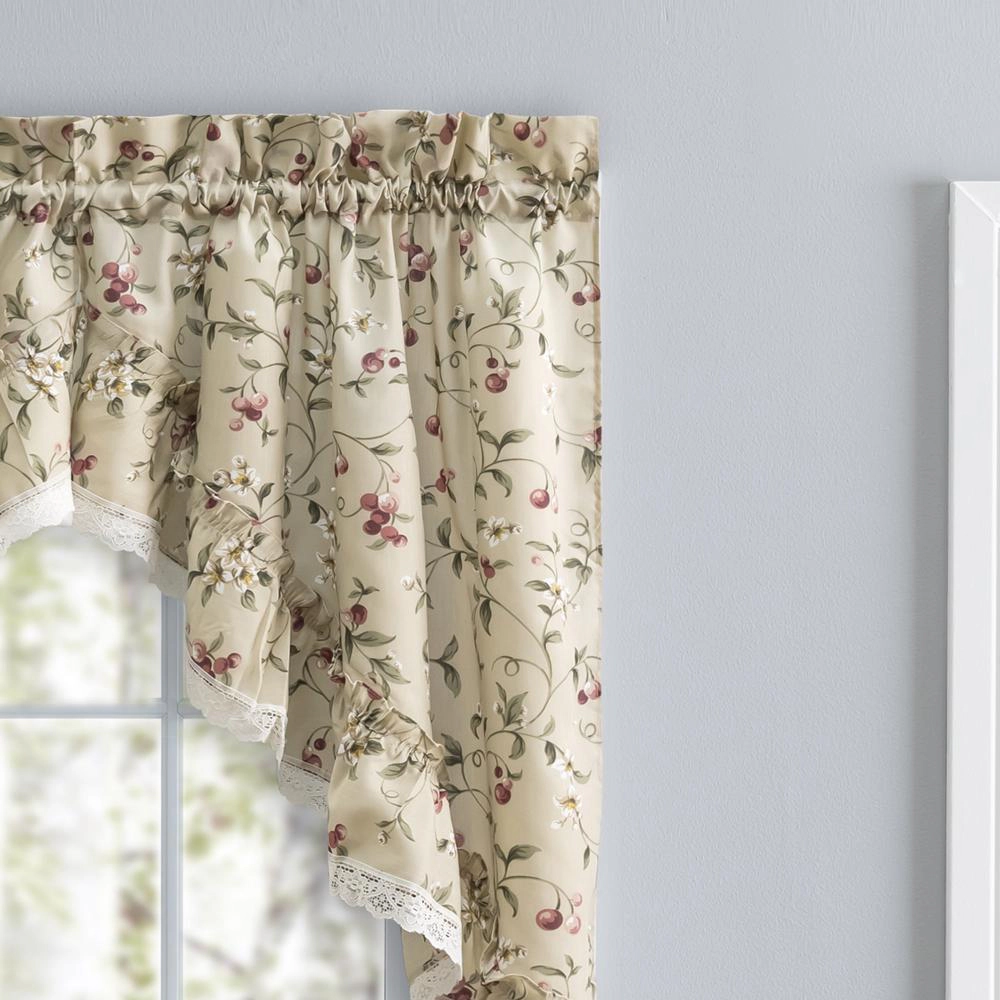 Ellis Curtain Cherries Ruffled 1.5" Rod Pocket Swag Lace Edge Window Curtain 58"x36" Natural