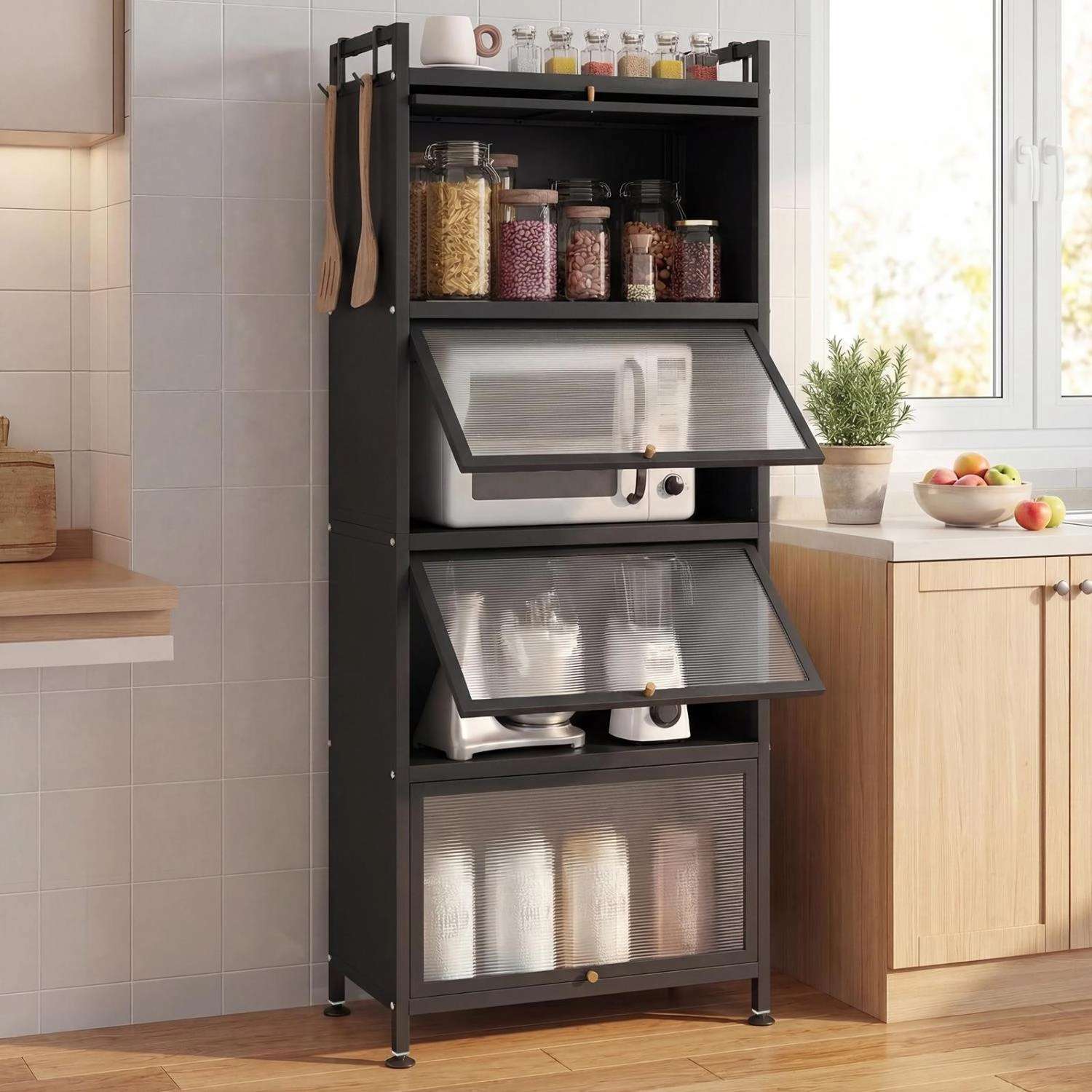 SUGIFT 5-Tier Kitchen Baker's Rack Shelving Unit with Flip-up PC Doors 60.5-in Tall Black