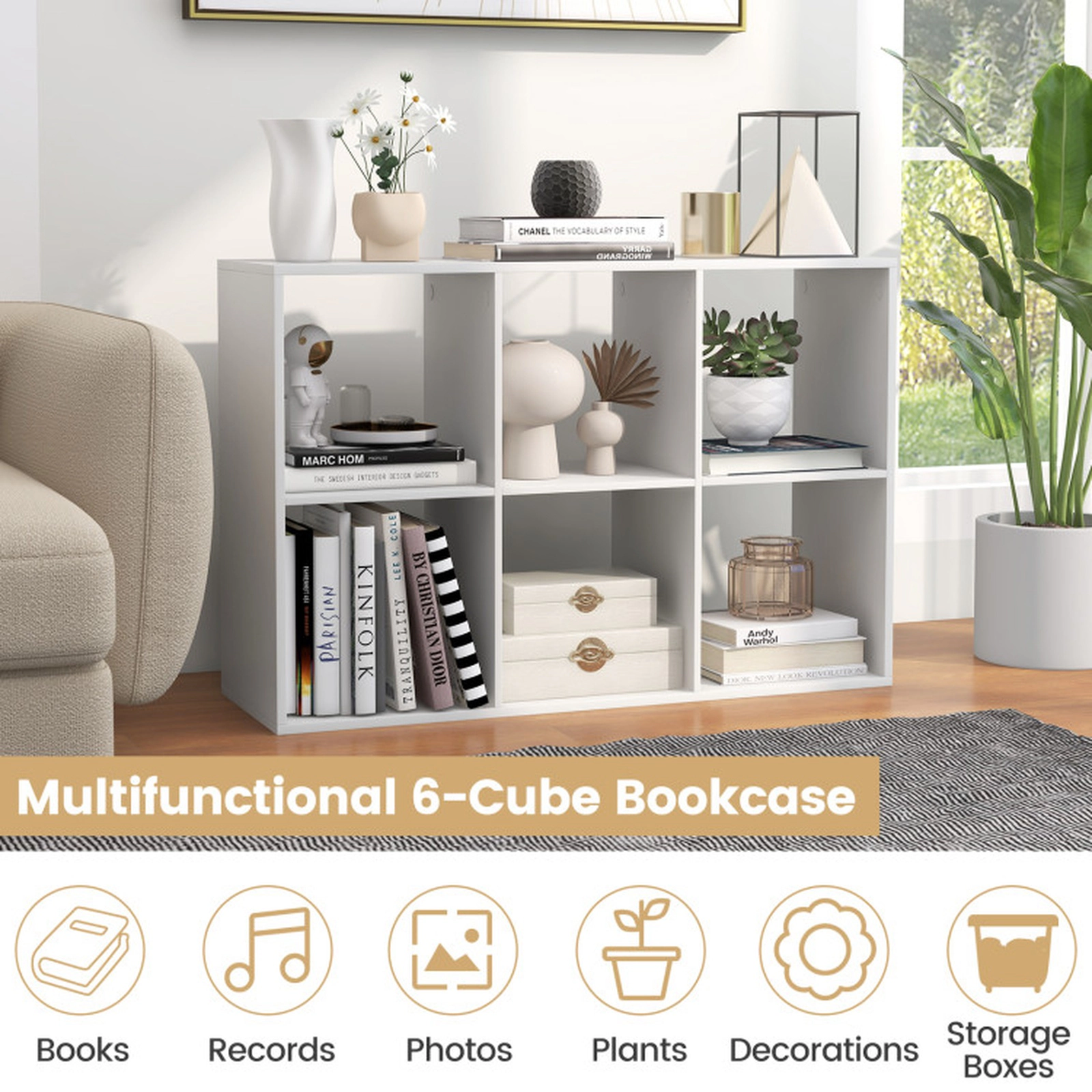 SUGIFT White 6-Cube Bookshelf with Back Guardrail and 154-lb Tabletop