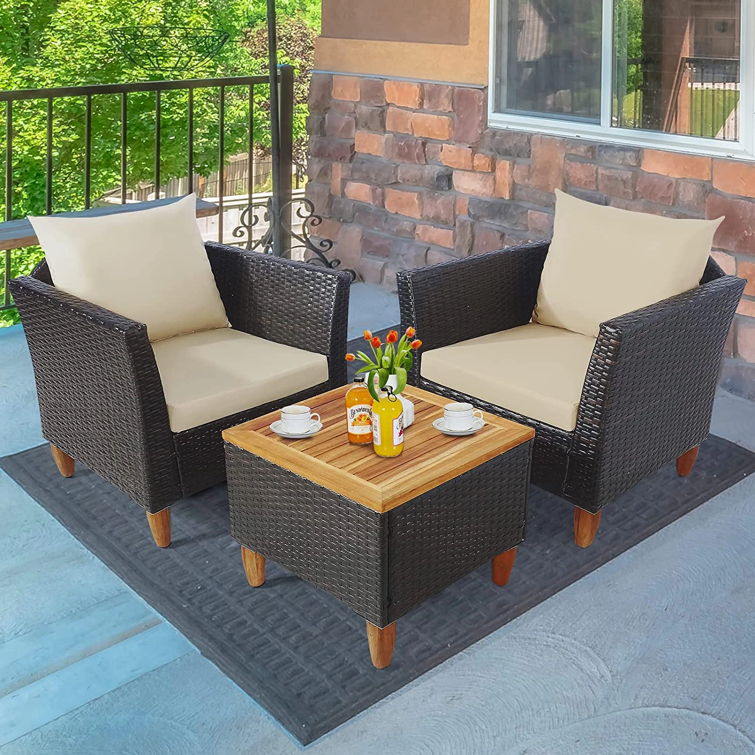SUGIFT Beige Acacia Wood Table Top and Thick Cushions 3-Piece Patio Rattan Bistro Set