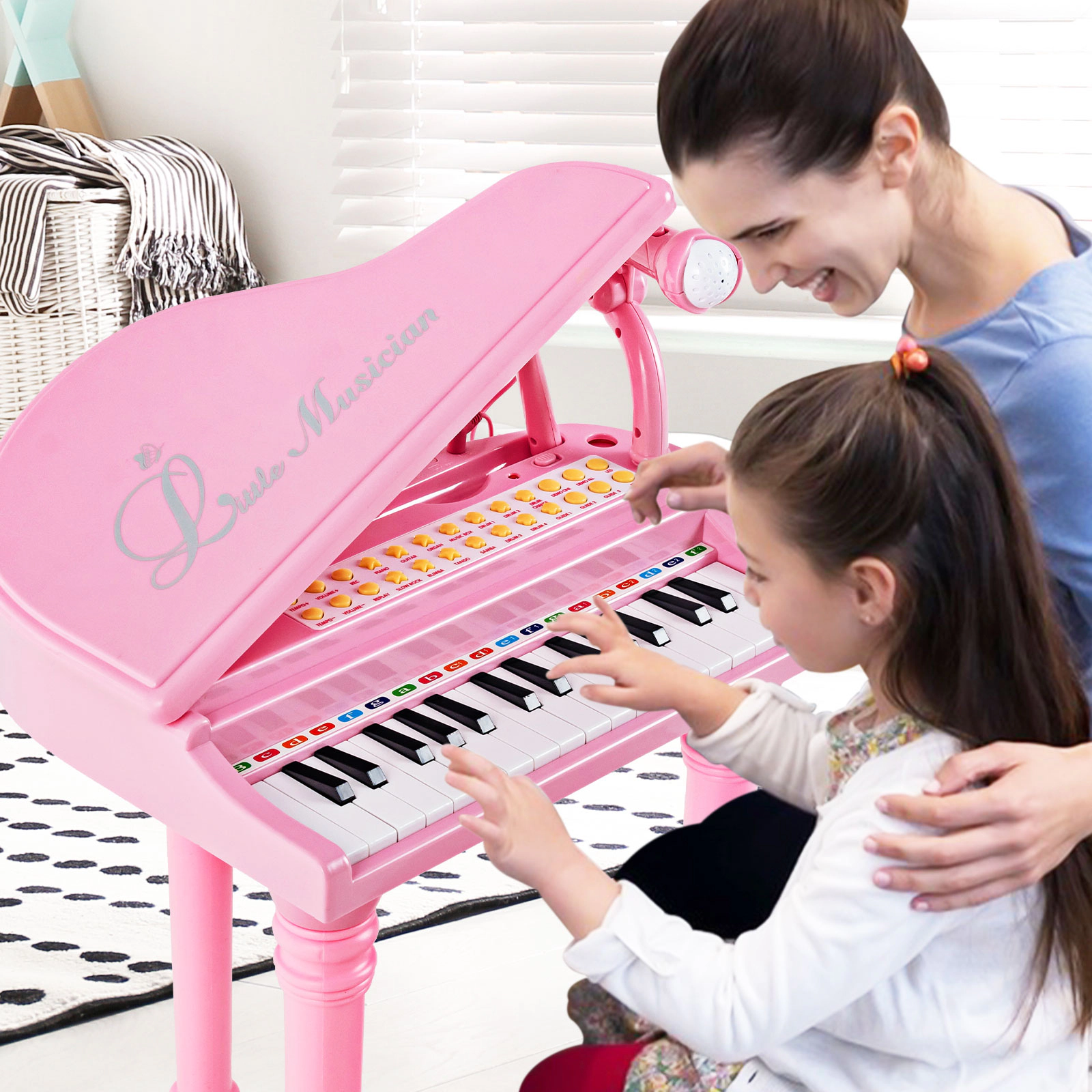 SUGIFT 31-Key Kids Piano Keyboard with Microphone, Stool and Piano Lid 110-lb Capacity Ages 3+ Pink