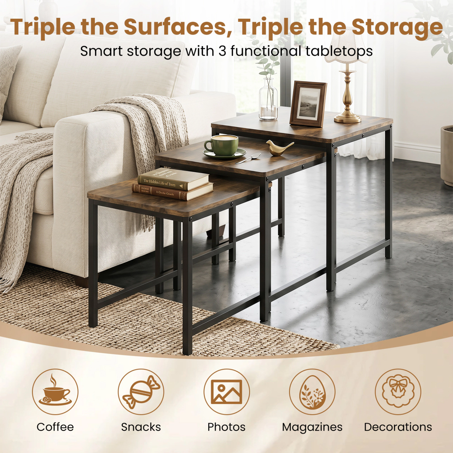 Glintex 3-Piece Faux Marble Nesting Table Set with Reinforced Metal Crossbars