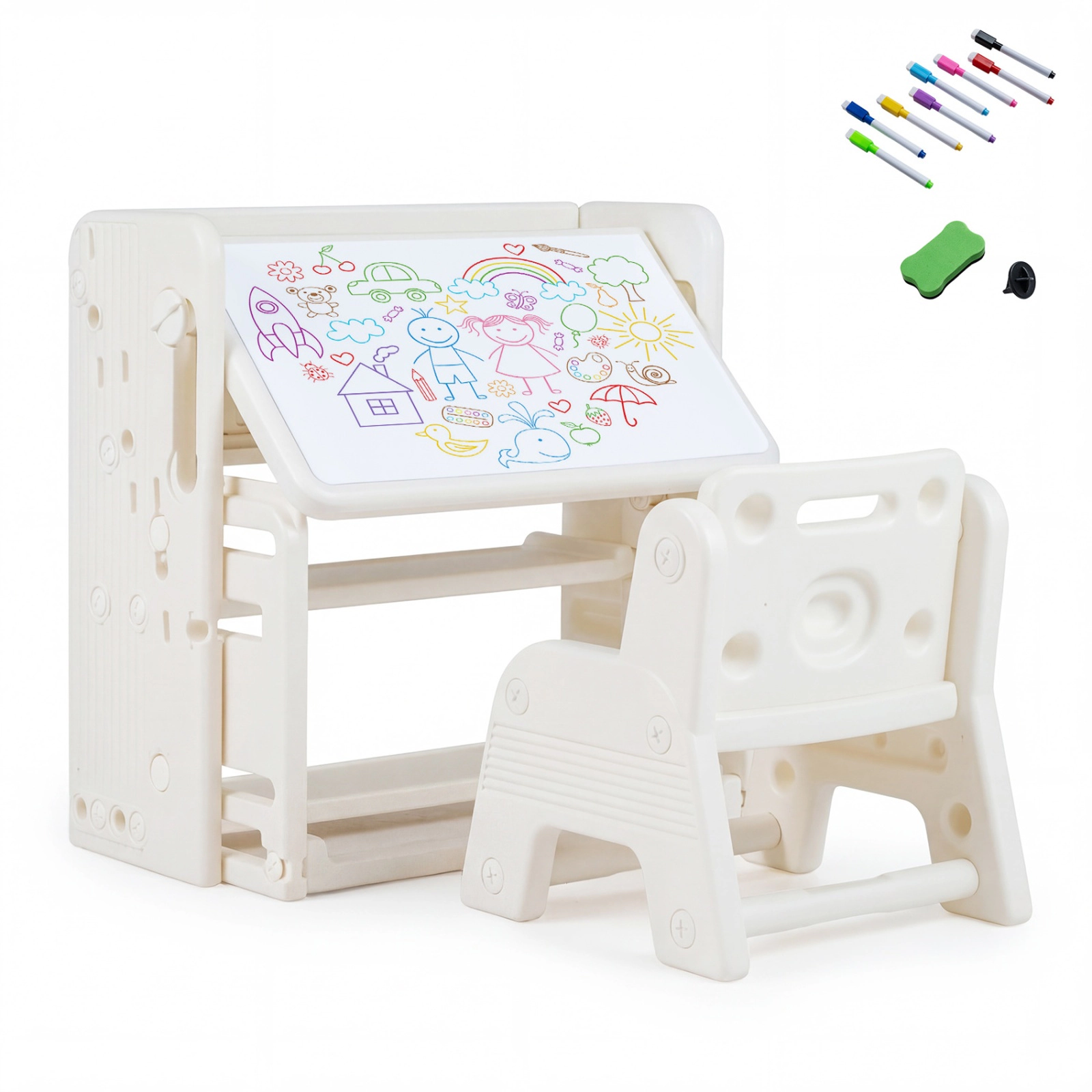SUGIFT Kids Writing Desk and Chair Set with Tilting Desktop and Side Bookshelves 44-lb Tabletop Capacity Beige