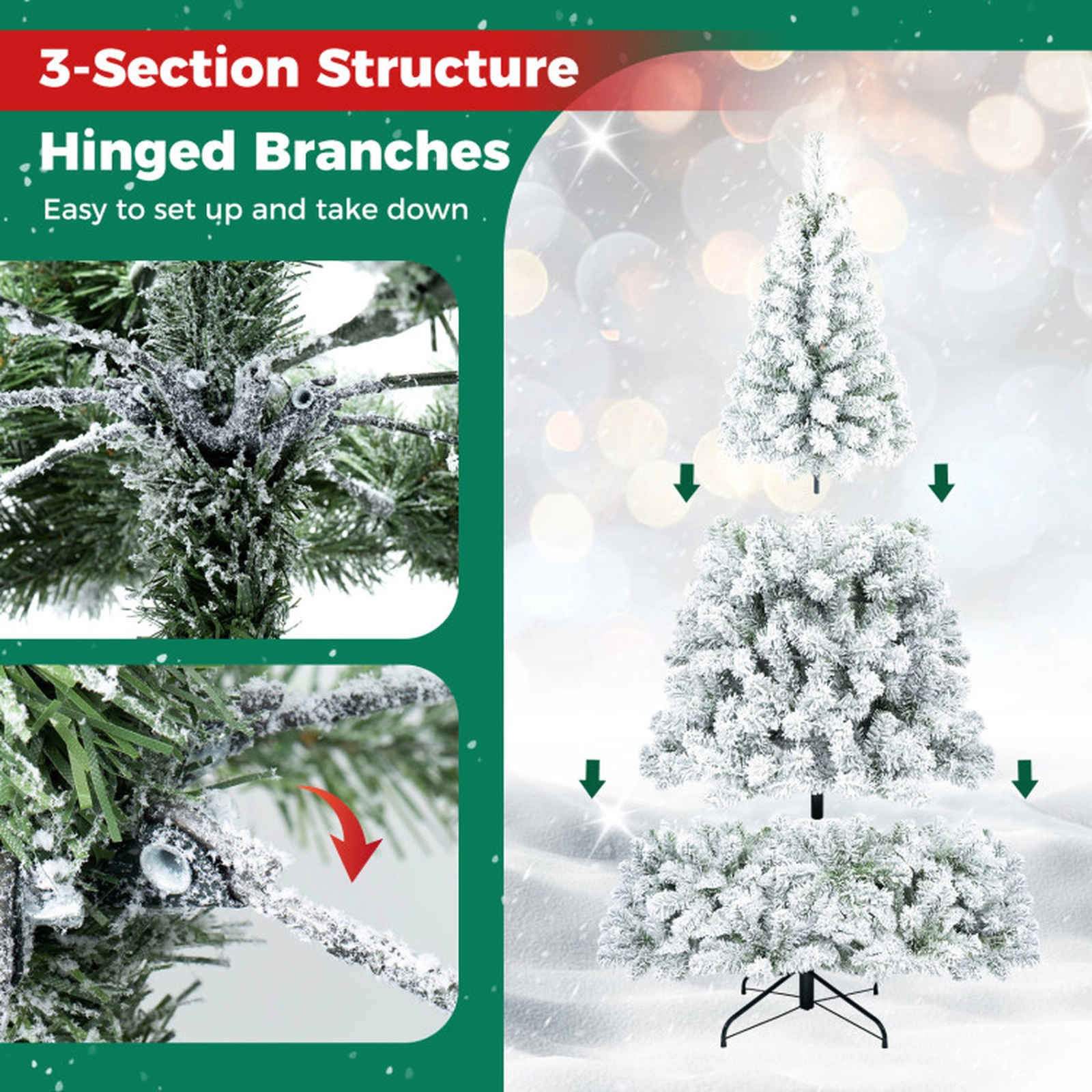 SUGIFT 6-ft Snow Flocked Artificial Christmas Tree with 600 Branch Tips 3 Sections and Foldable Stand