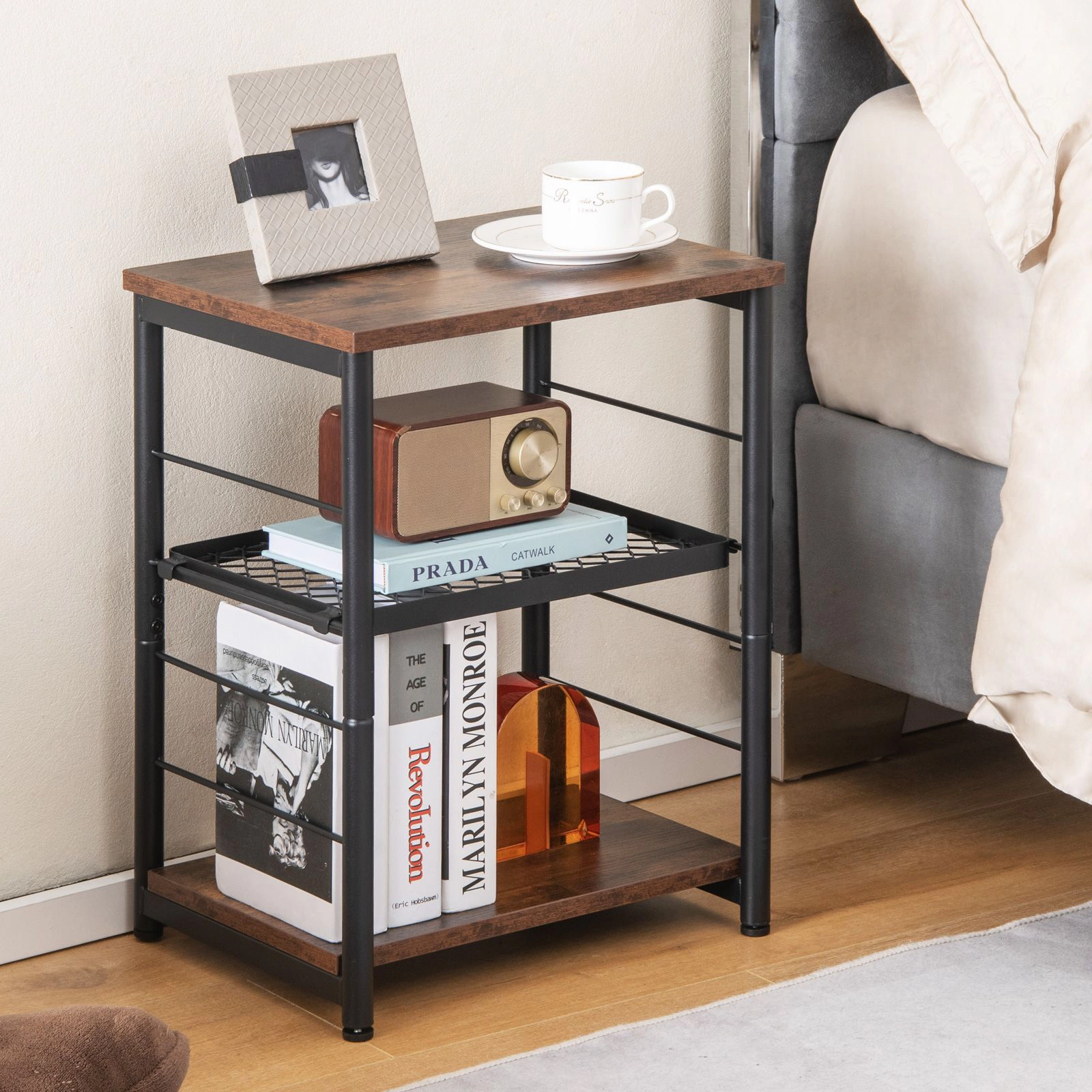 SlickBlue Compact Adjustable Side Table with 3-Tier Mesh Storage