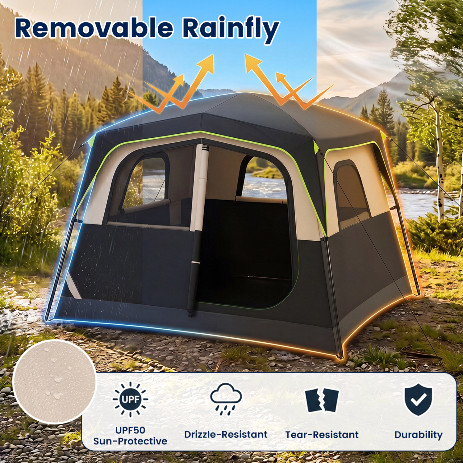 LJG 6-Person Camping Tent Easy Setup Family Cabin with Top Rainfly Mesh Windows