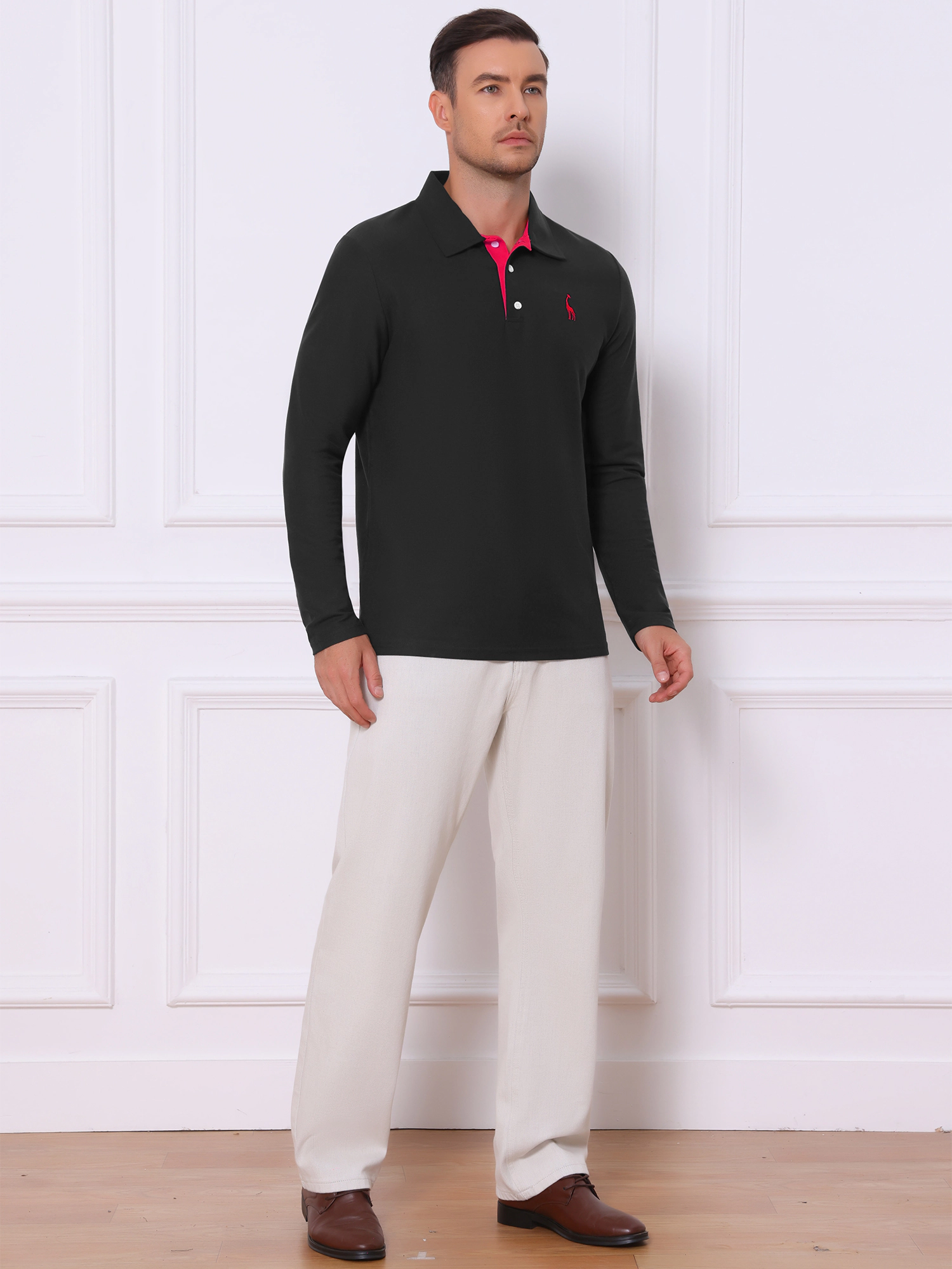 INSPIRE CHIC Men's Pattern Pique Long Sleeve Golf Polo Shirt
