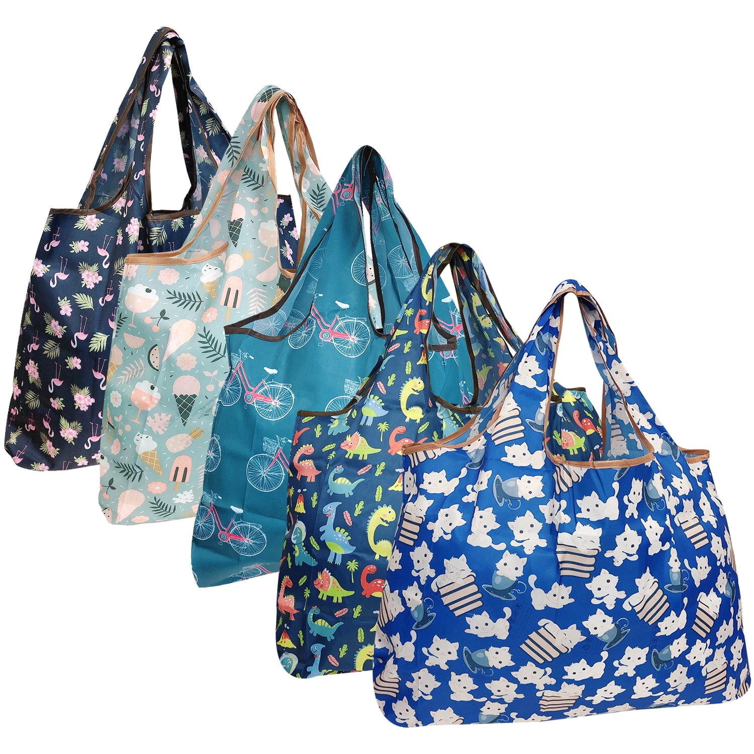 Wrapables Large Nylon Reusable Shopping Bags for Groceries (5 Pack), Exciting Adventures