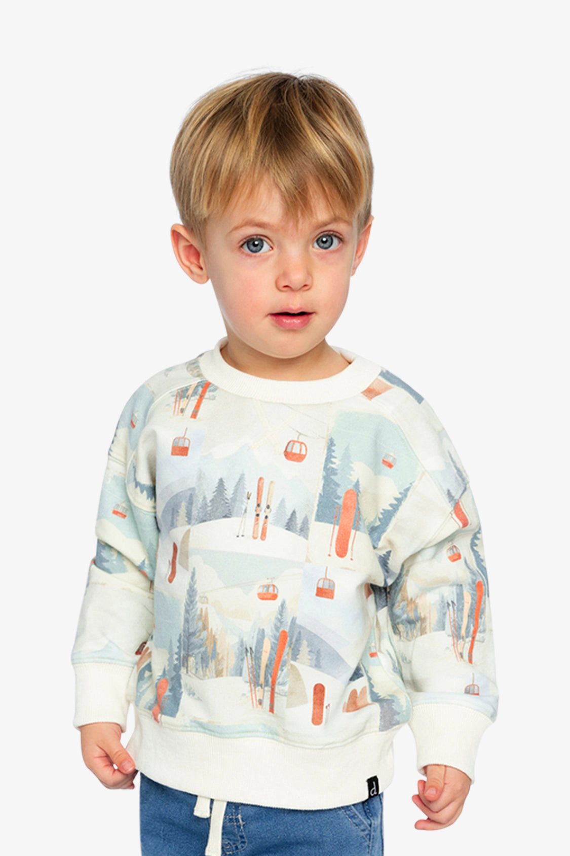 Deux par Boys Fleece Ribbed Crewneck Ski Print Sweatshirt