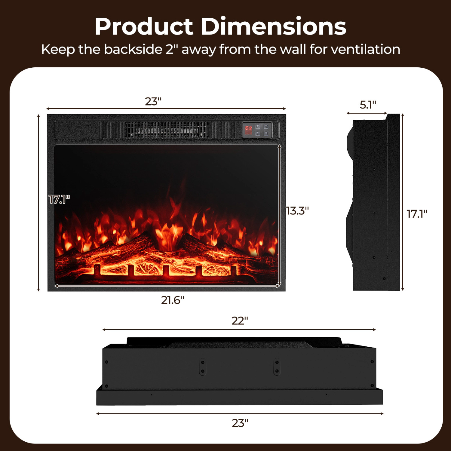SlickBlue 23 Inch Electric Fireplace Insert with Remote Control, Adjustable Flames