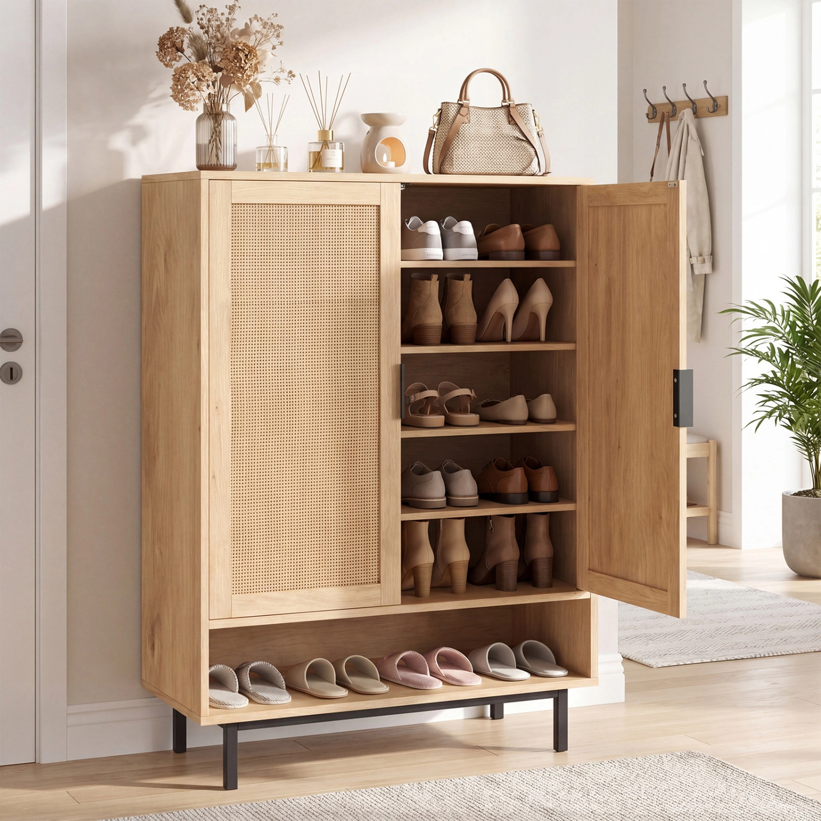 SUGIFT 6-Tier Natural 43-in Tall Shoe Cabinet with Rattan Accent Double Doors and Open Compartment