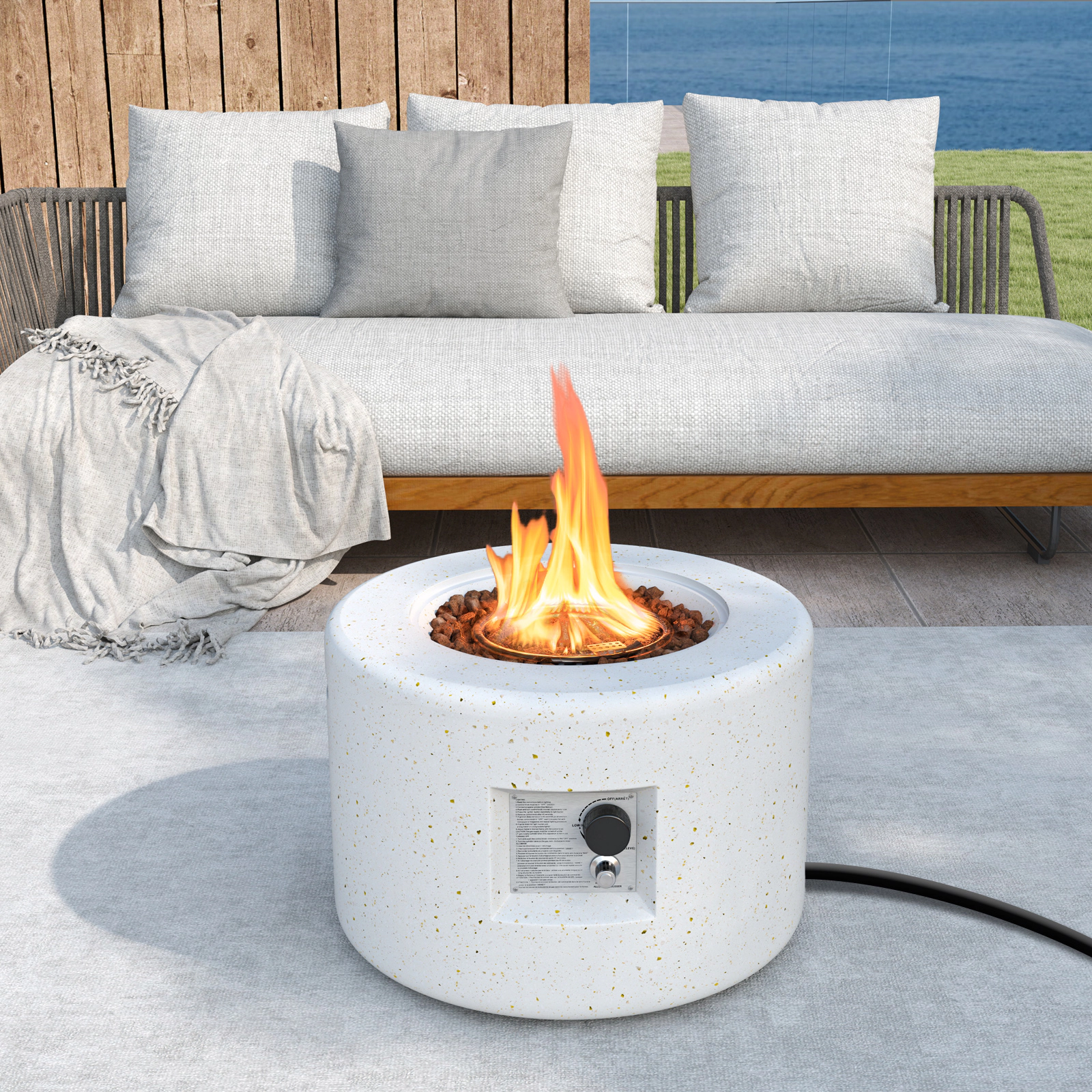 SUGIFT 25.5-Inch Round 40,000 BTU Terrazzo Propane Fire Pit Table with Lava Rocks and PVC Cover