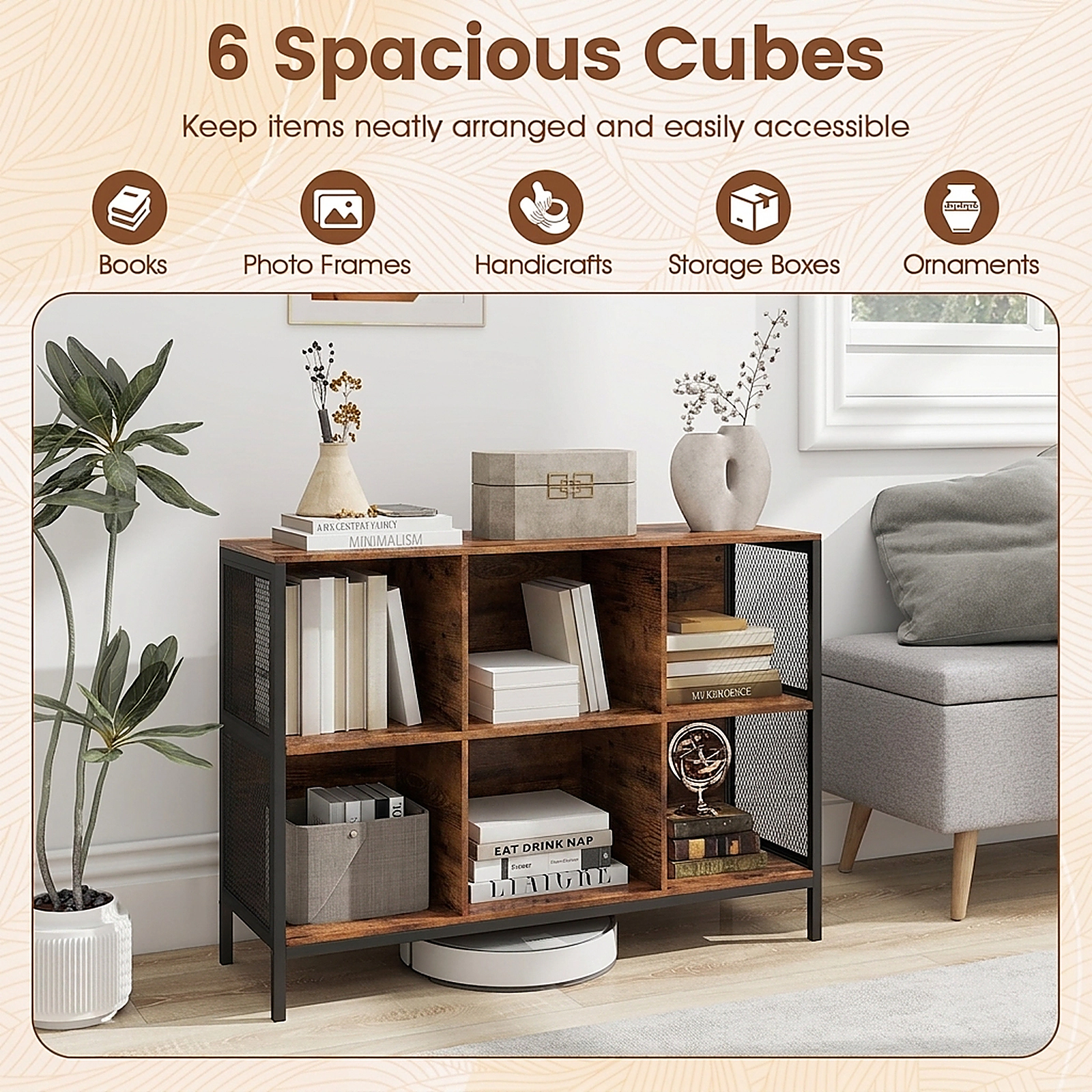 SUGIFT 6-Cube 42-in Wide Horizontal Bookshelf with Metal Frame and Accent Cubby Shelf for Living Room