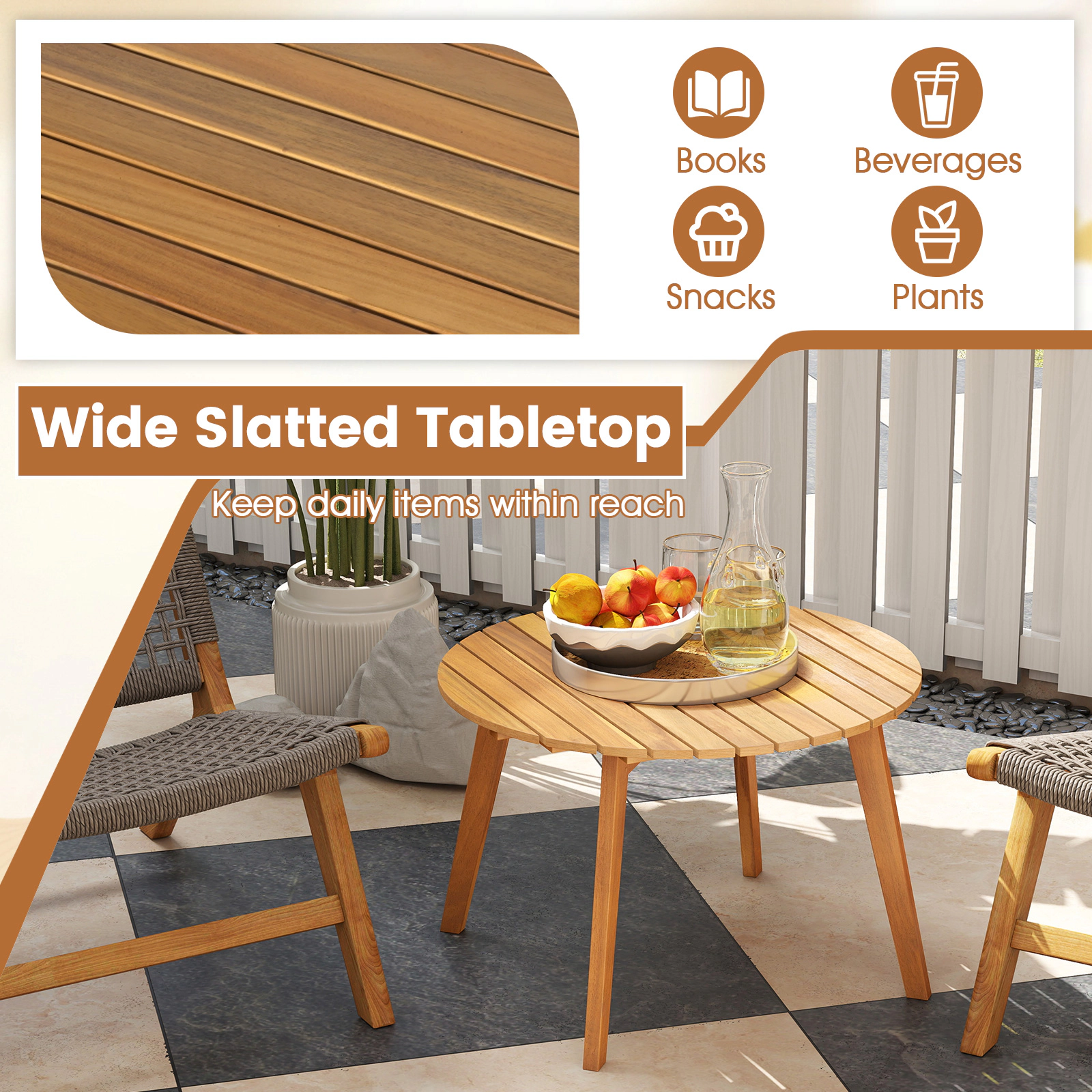 SUGIFT 24.5 in Slatted Tabletop Natural Round Outdoor Acacia Wood Side Table
