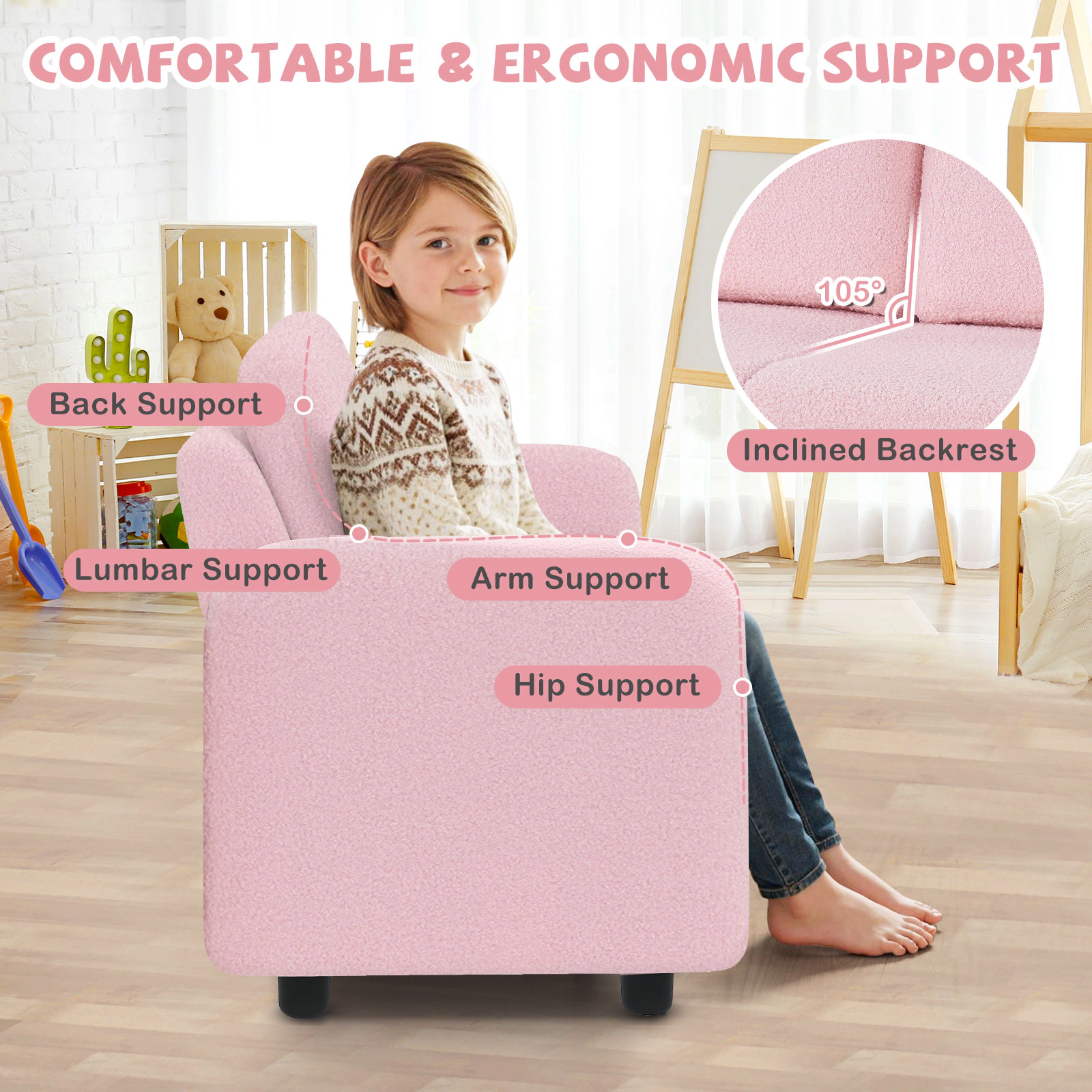 SUGIFT Kids Sofa Toddler Couch 330-lb Capacity Ages 3+ Pink