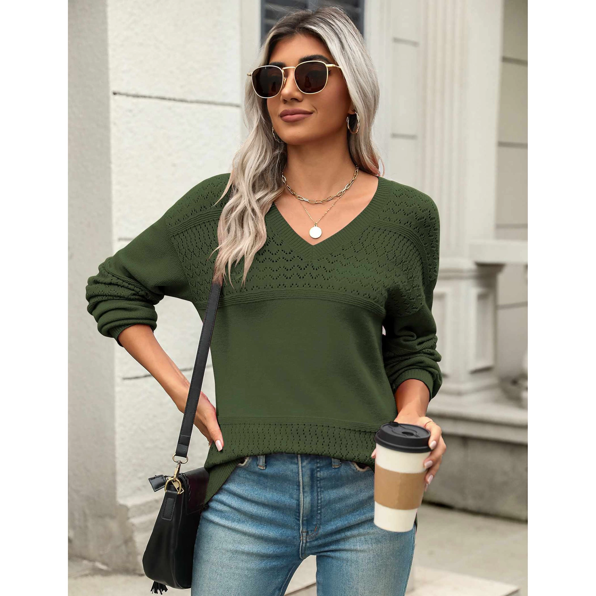 Zeagoo Women's Batwing Long Sleeve Ribbed Knit V-Neck Crochet Pullover