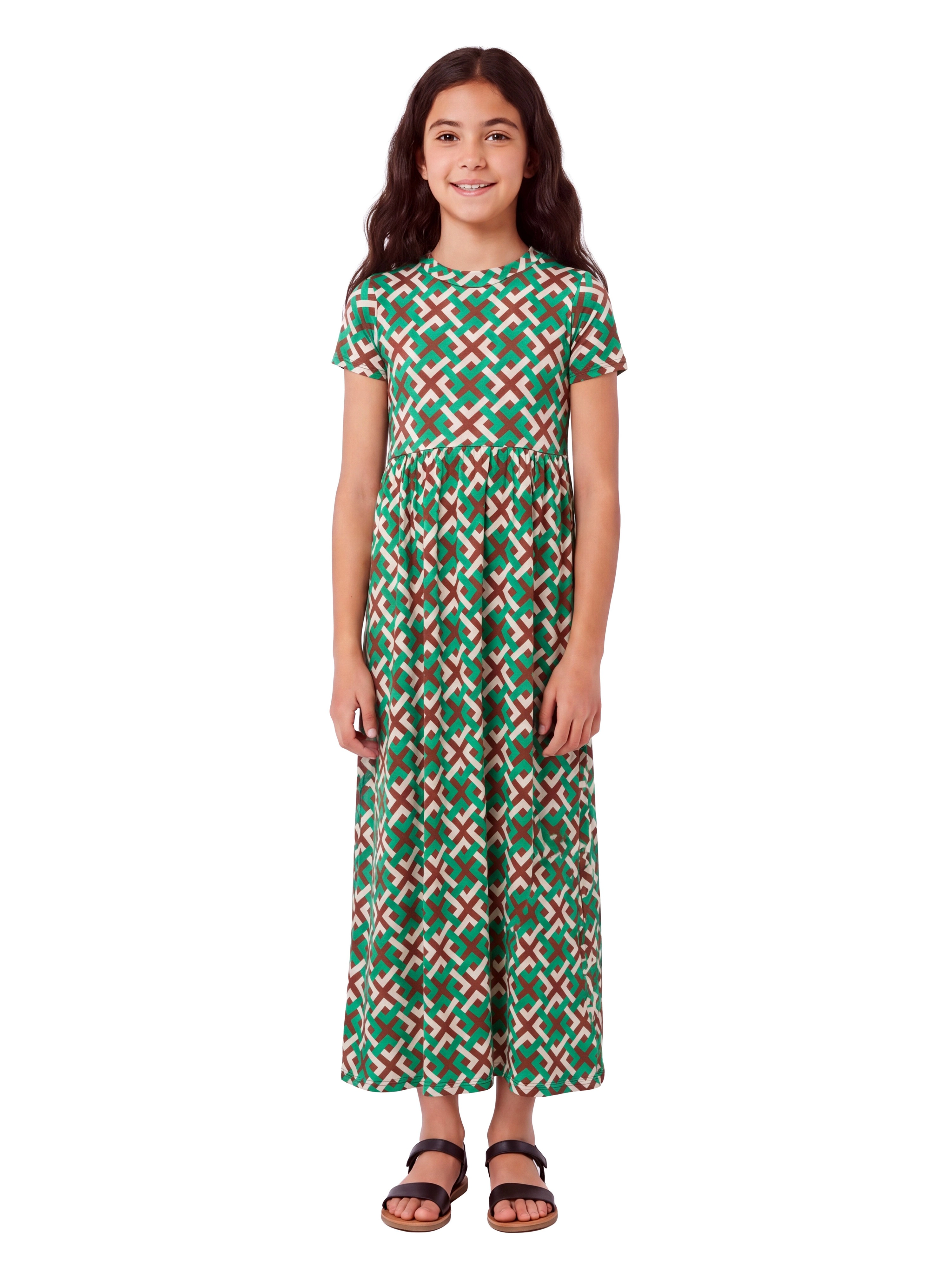 24sevenKid Essential Girls Short Sleeve Green Maxi Dress