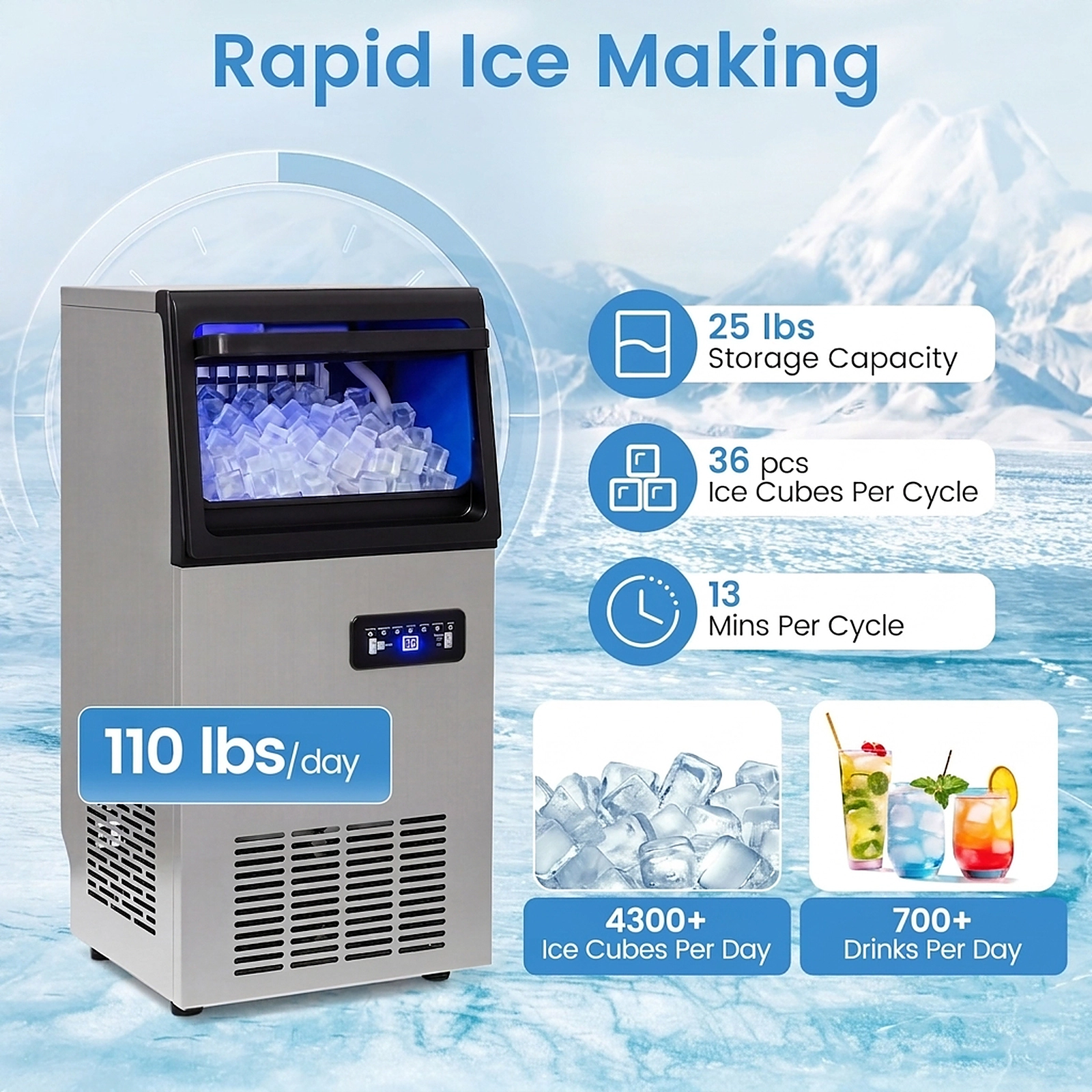 SUGIFT Silver Commercial Ice Maker with 110-lb Daily Output and 25-lb Storage Bin 13.78-in W 13.19-in D 28.15-in H