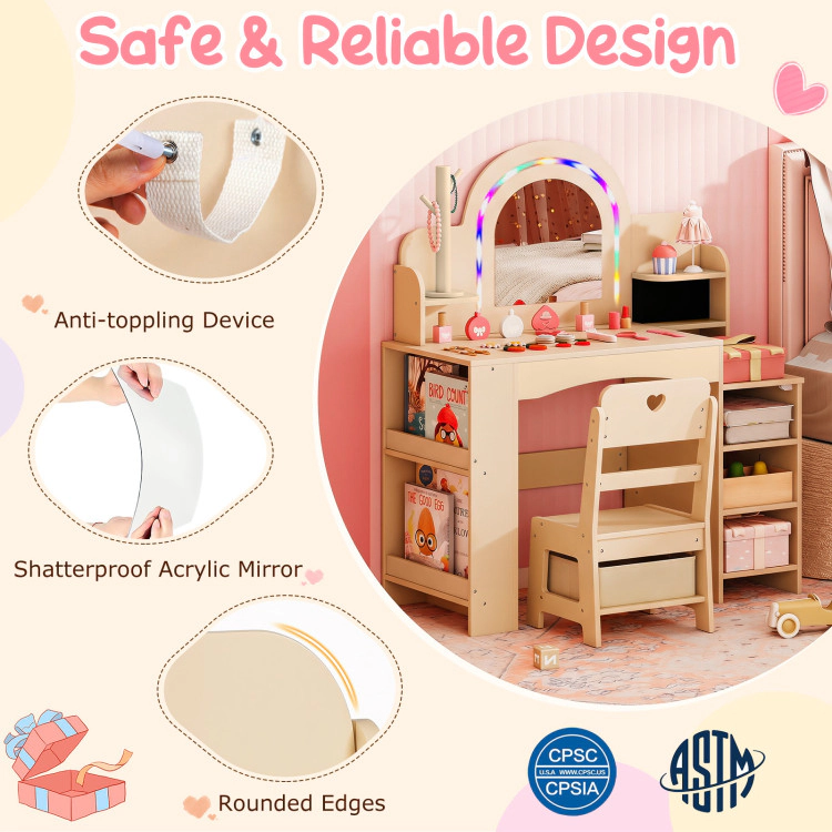 Hivvago Kids Vanity Set With Colorful Led Lights Princess Makeup Dressing Table Chair