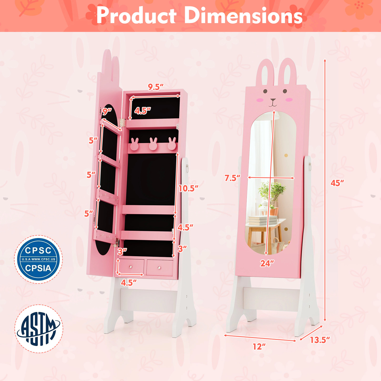 SUGIFT Kids Jewelry Armoire with Full-Length Mirror 2 Tilt Angles 2 Drawers and Rabbit Theme Design