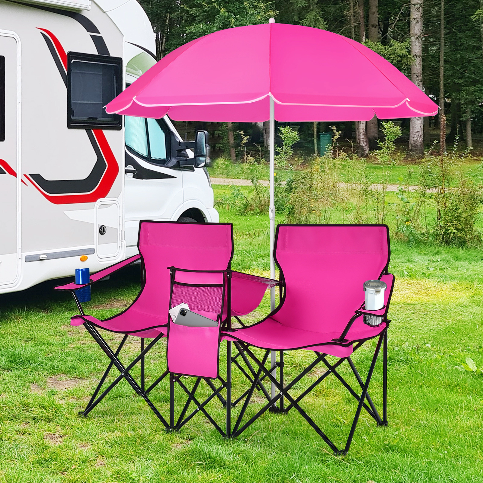 SUGIFT Portable Folding Picnic Double Chair with Umbrella and Cooler Bag 270-lb Capacity per Seat 600-lb Total Pink