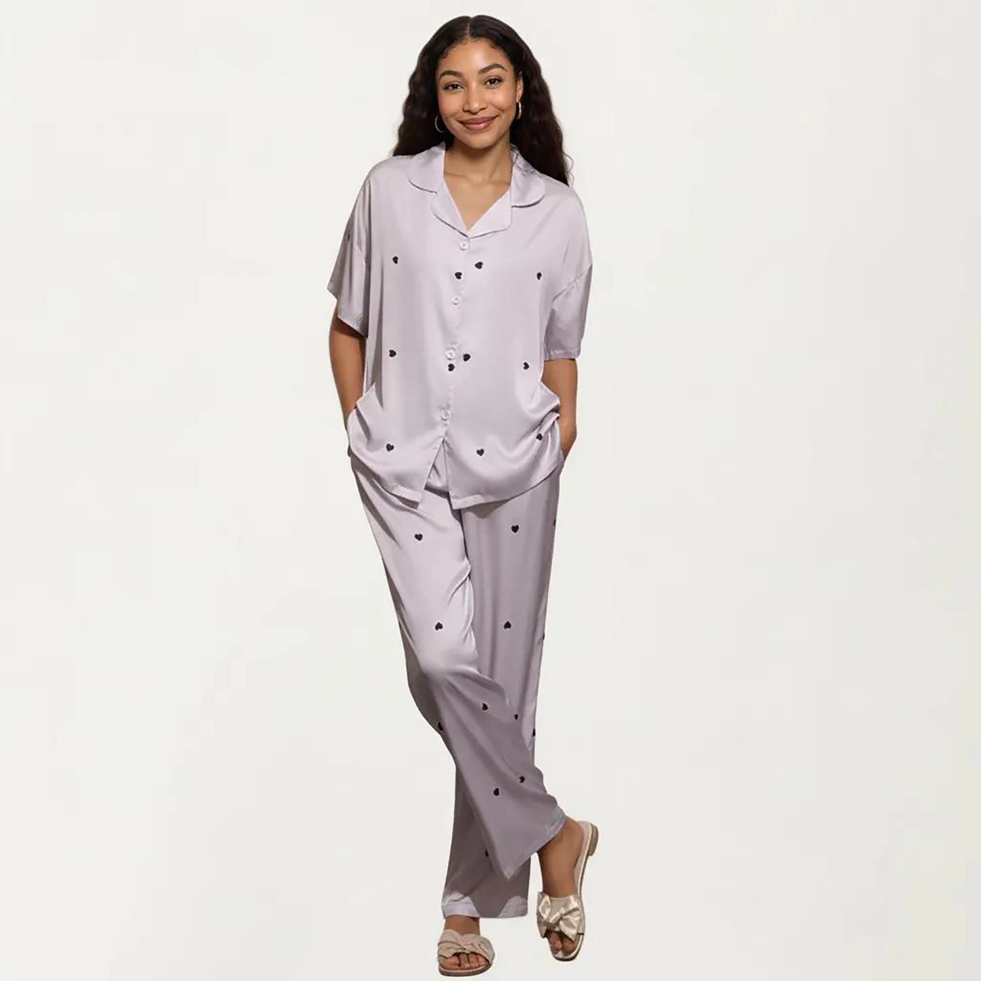 Anna-Kaci Women's 2-Piece Pajama Short Sleeve Button Down Top with Notch Collar and Relaxed Fit Pants Sleepwear Set