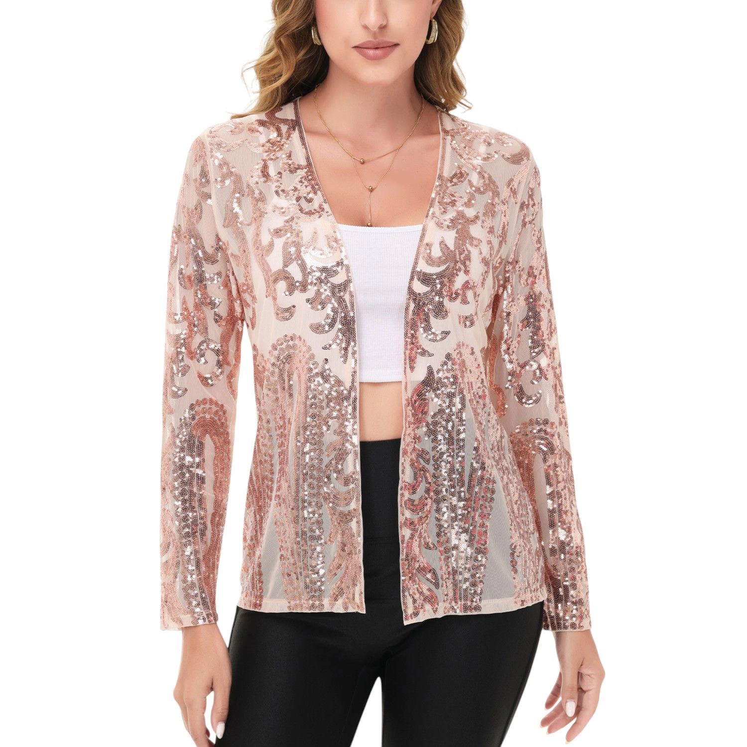 Anna-Kaci Women's Sequin Embellished Open-Front Cardigan with Sheer Mesh Long Sleeves