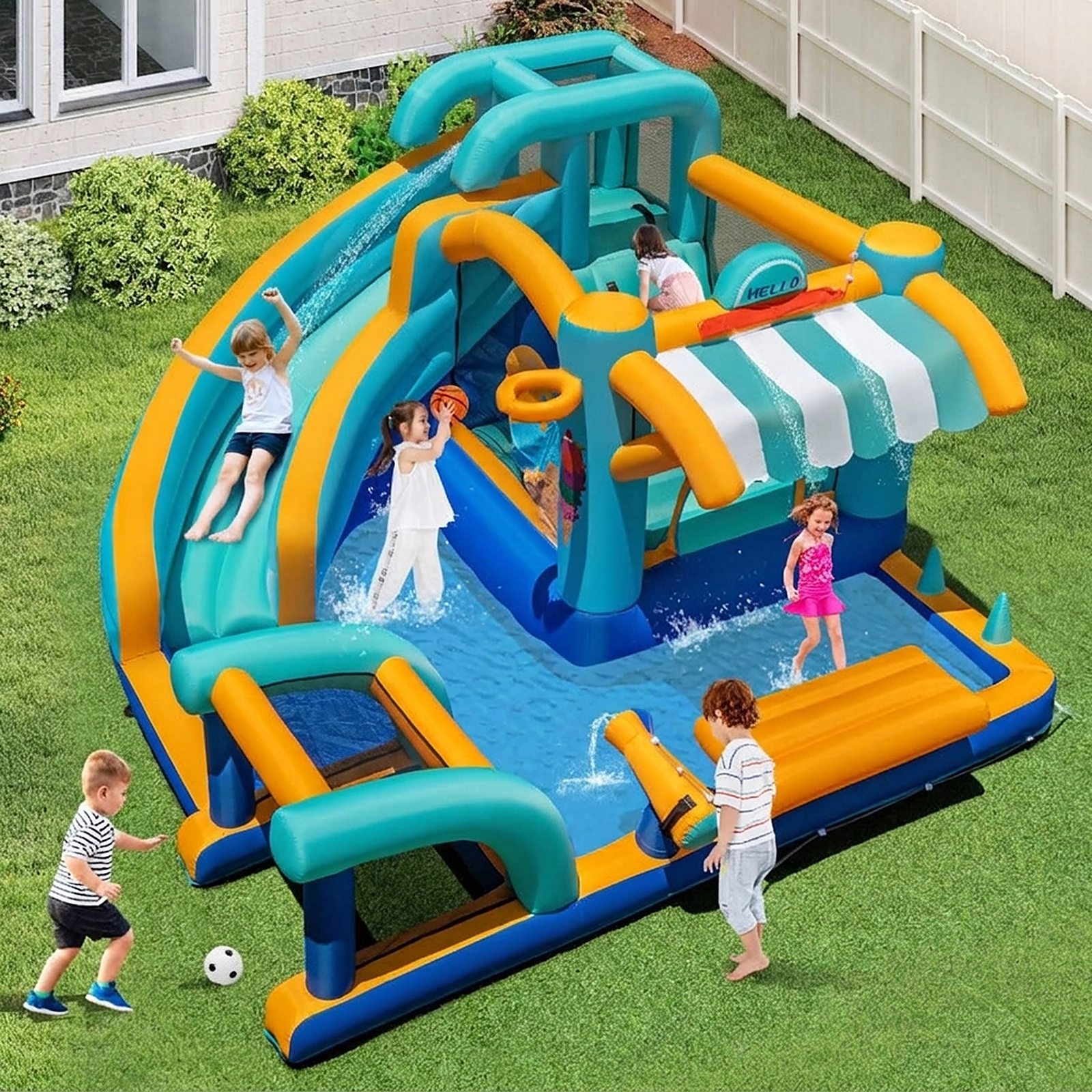 SUGIFT 8-in-1 330-lb Capacity Ice Cream Inflatable Bounce House with Curved Water Slide and 750W Blower
