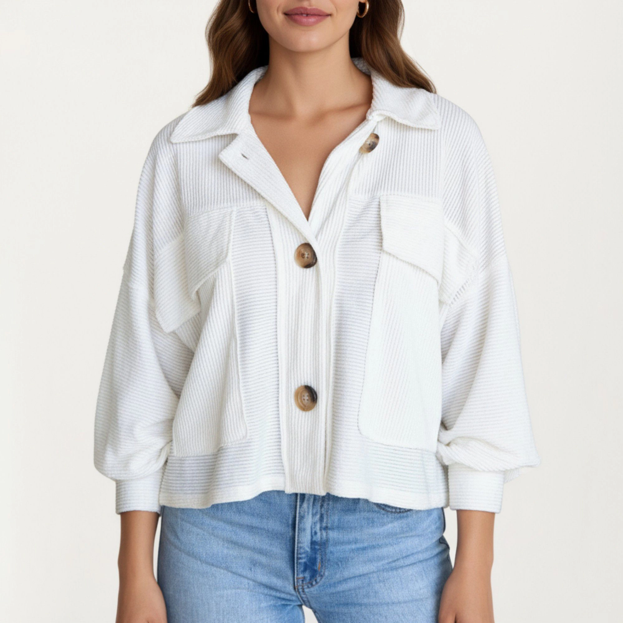 Anna-Kaci Women's Textured Knit Button Front Jacket with Oversized Chest Pockets Structured Hem and Everyday Silhouette