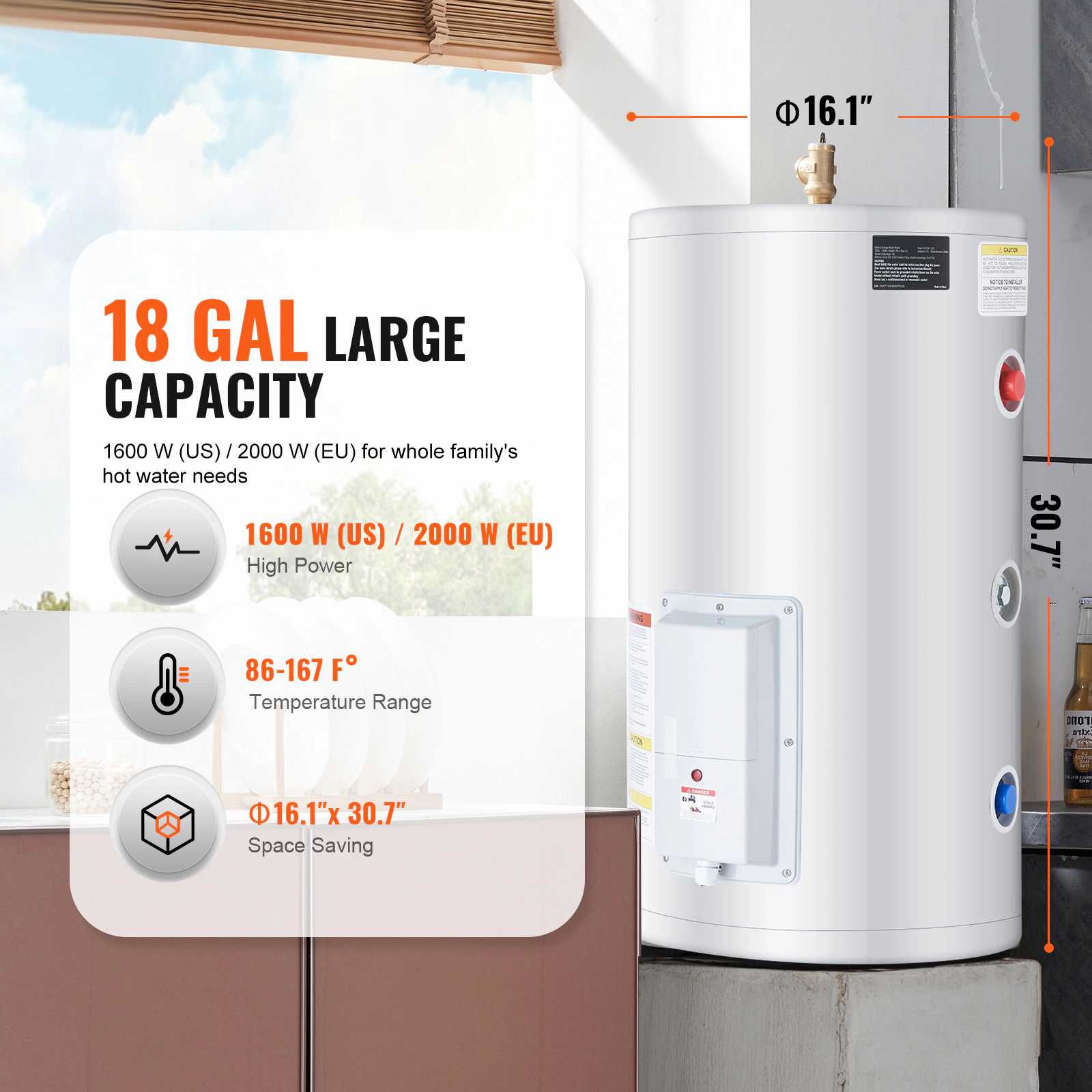 HONGGE Electric Water Heater Tank Instant Hot Water Heater 1.6Kw Tankless Water Heater w/ LED Display Knob Control IPX4