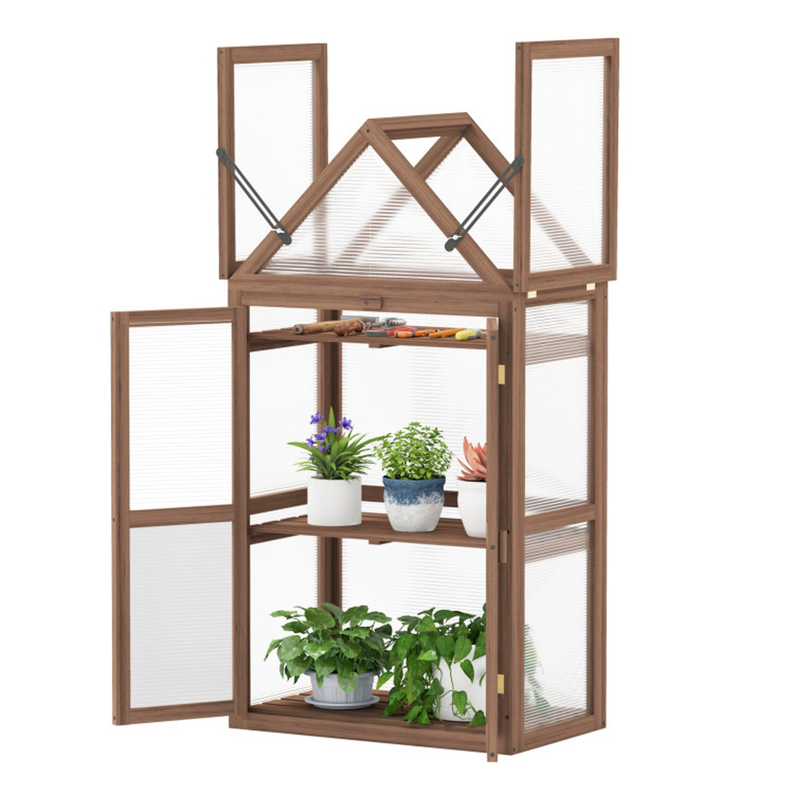 SUGIFT Cold Frame Mini Wooden Greenhouse PVC Panels 28-in Tall 3 Shelves 11-lb Shelf Capacity Rustic Brown+Transparent